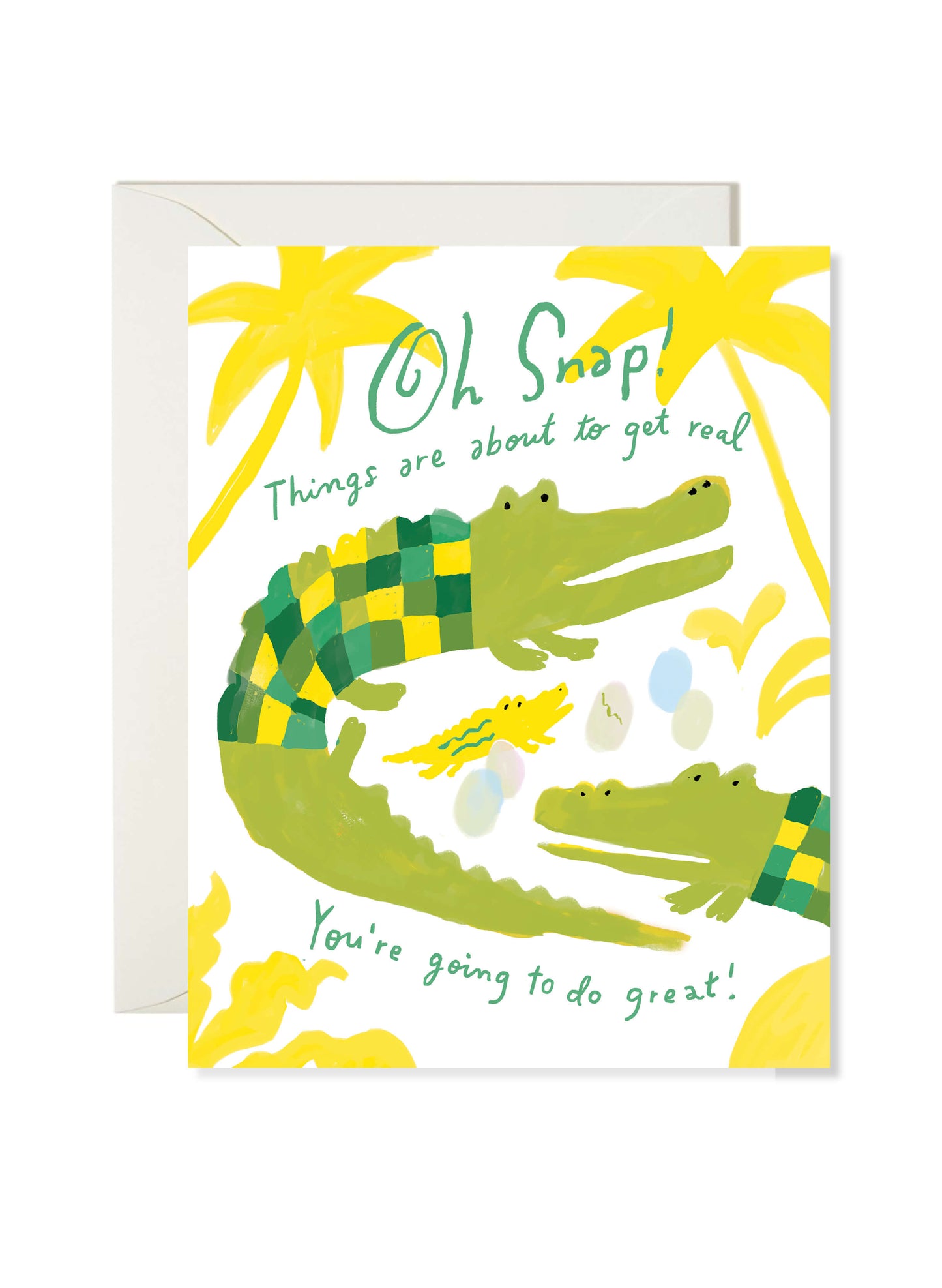 Crocodile Baby Card by Karen Schipper featuring friendly crocodiles, baby eggs, and tropical leaves with a playful message for new parents.