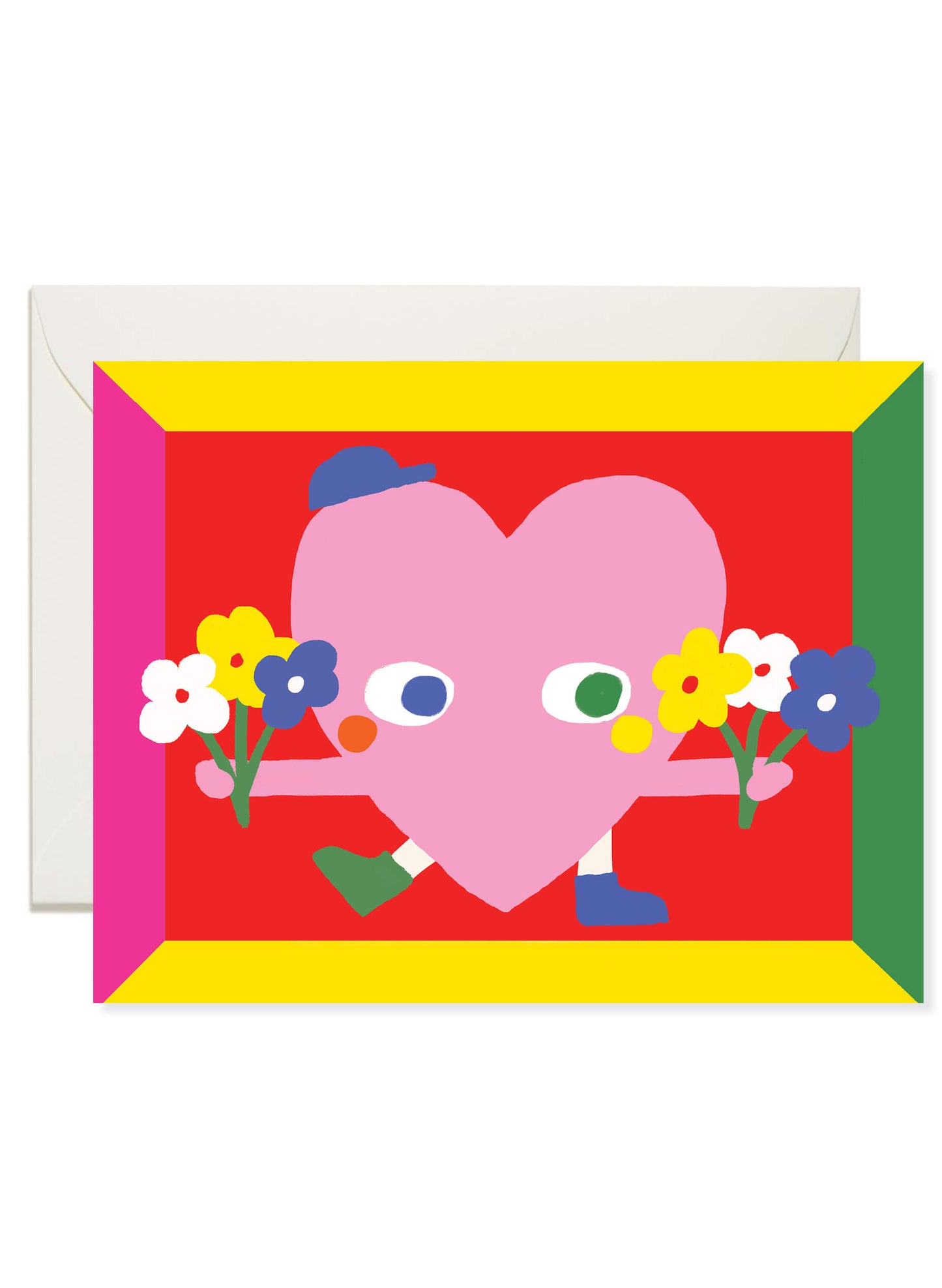 Flowers for You Heart Greeting Card by Karen Schipper featuring a pink heart character holding colorful flower bouquets in a bold graphic frame.