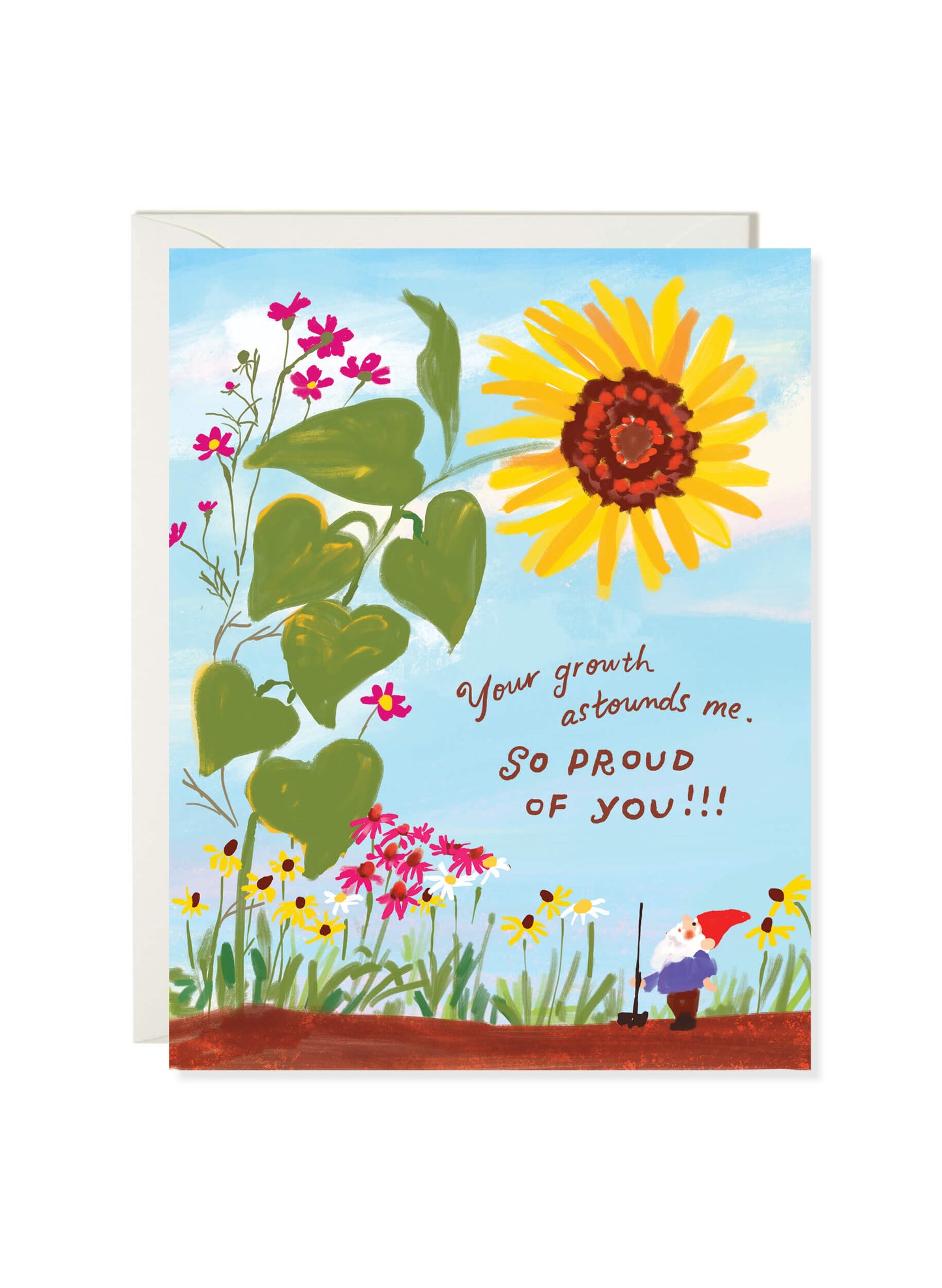 Sunflower Gnome card by Karen Schipper featuring a tiny garden gnome, tall sunflower, pink flowers, and proud of you message.