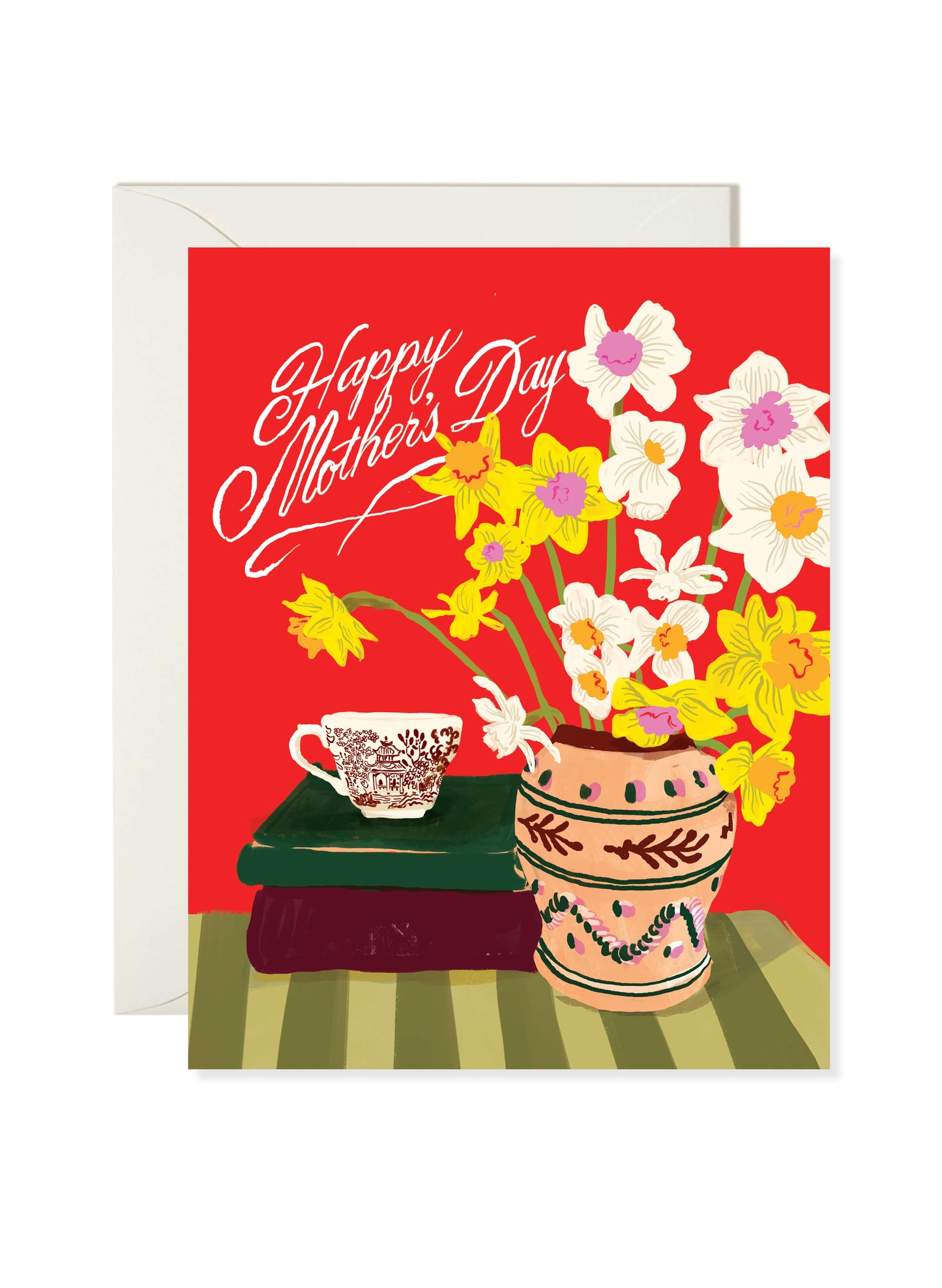 Mother’s Day Daffodils Card by Karen Schipper featuring a vase of yellow and white flowers beside a teacup on a bold red background.