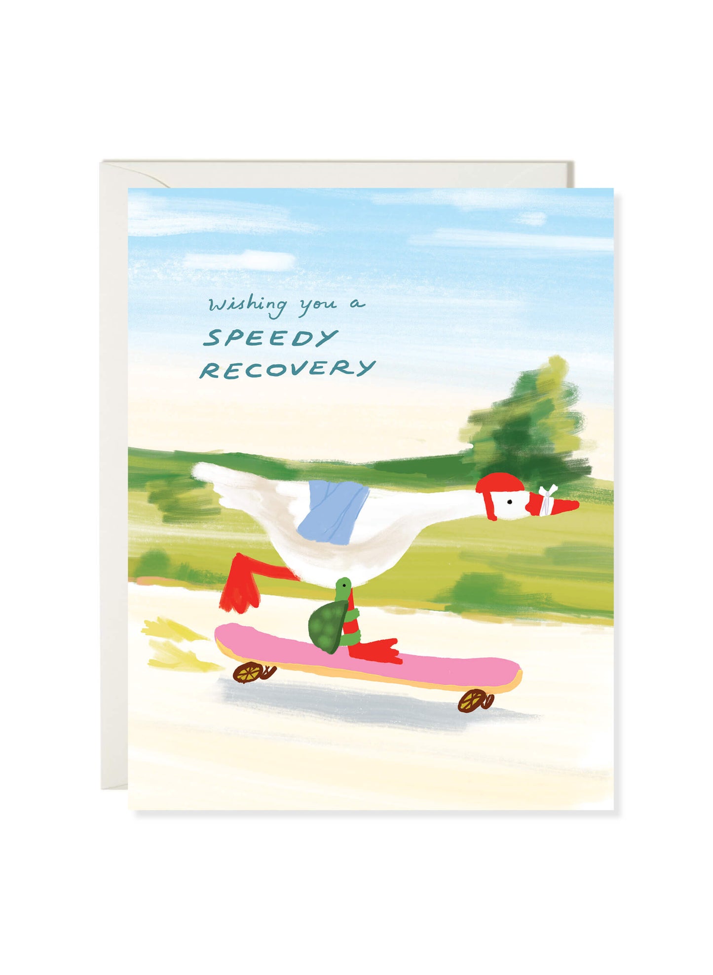 White goose with a bandage flying beside a turtle on a skateboard on the Speedy Recovery get well card by Karen Schipper.