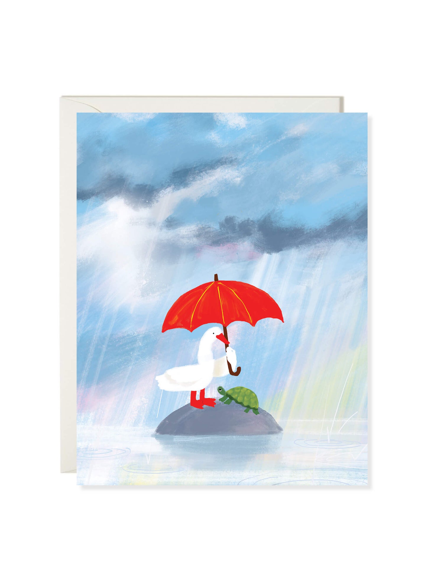 Rainstorm card by Karen Schipper featuring a goose sheltering a turtle under a red umbrella during a storm.