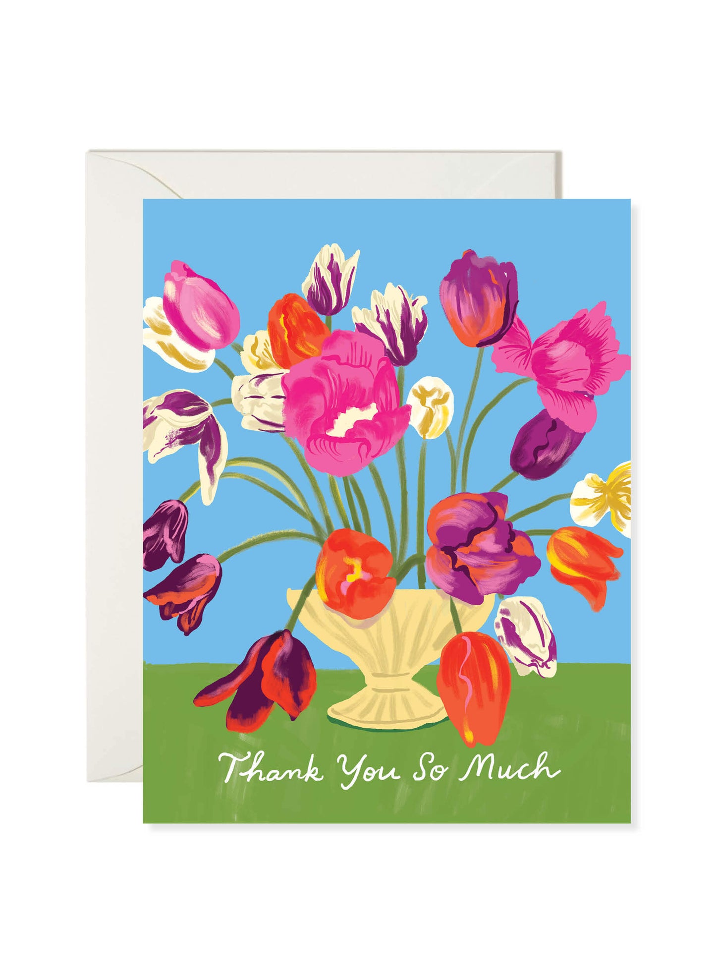 Karen Schipper Thank You Tulip Card featuring a colorful bouquet of tulips in a cream vase on a blue background with the message “Thank You So Much.”