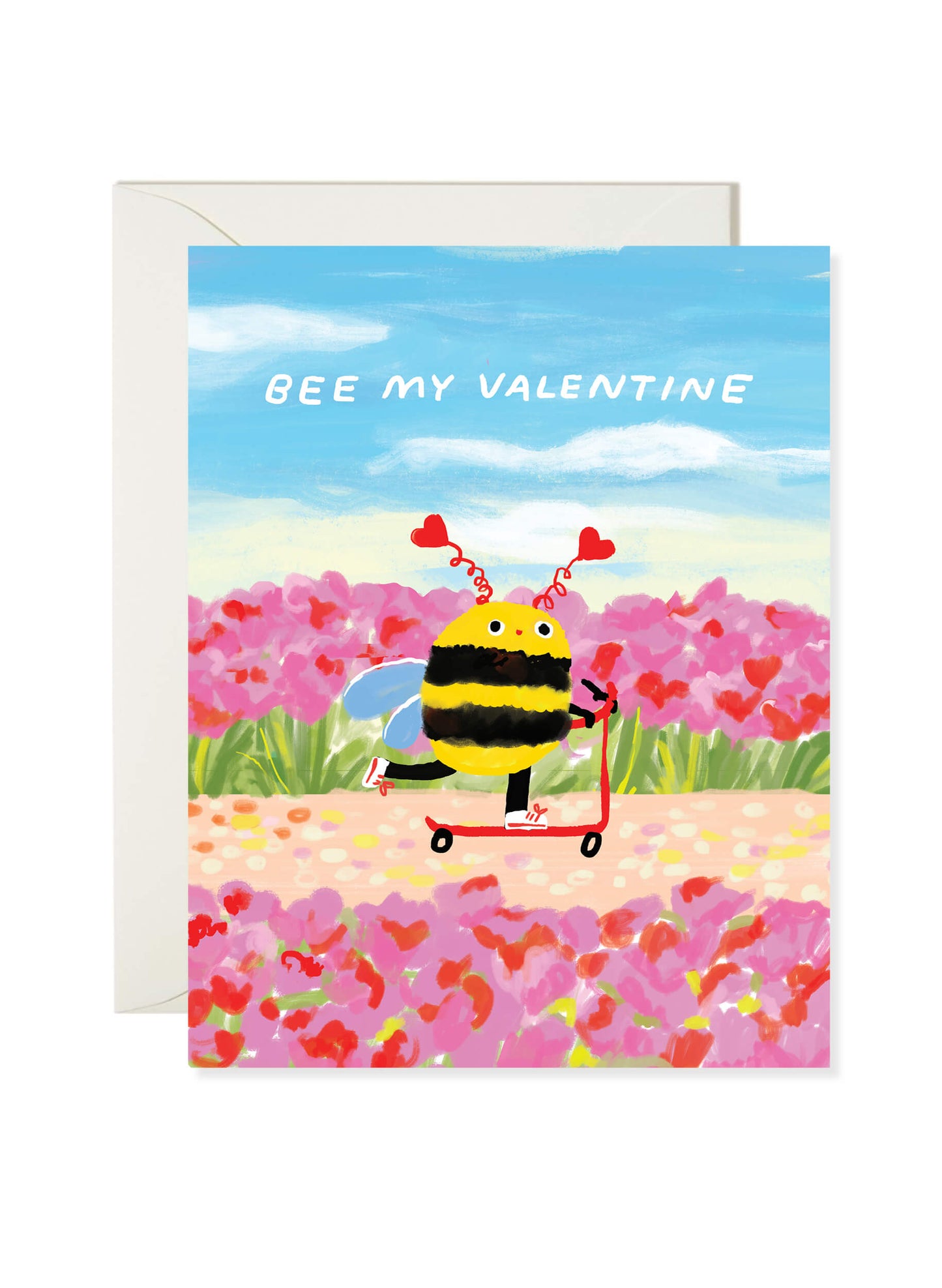 Valentine Bee Greeting Card by Karen Schipper featuring a bee with heart antennae riding a red scooter through pink flowers under a blue sky.
