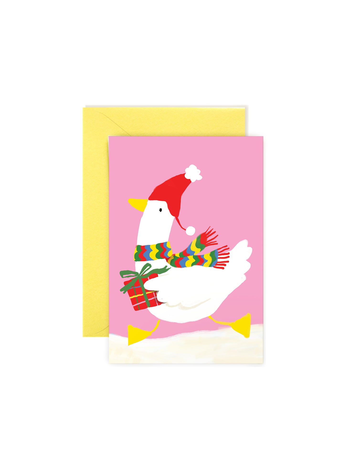 Karen Schipper Winter Duck mini note featuring a white duck in a Santa hat and rainbow scarf carrying a wrapped gift on a pink background.