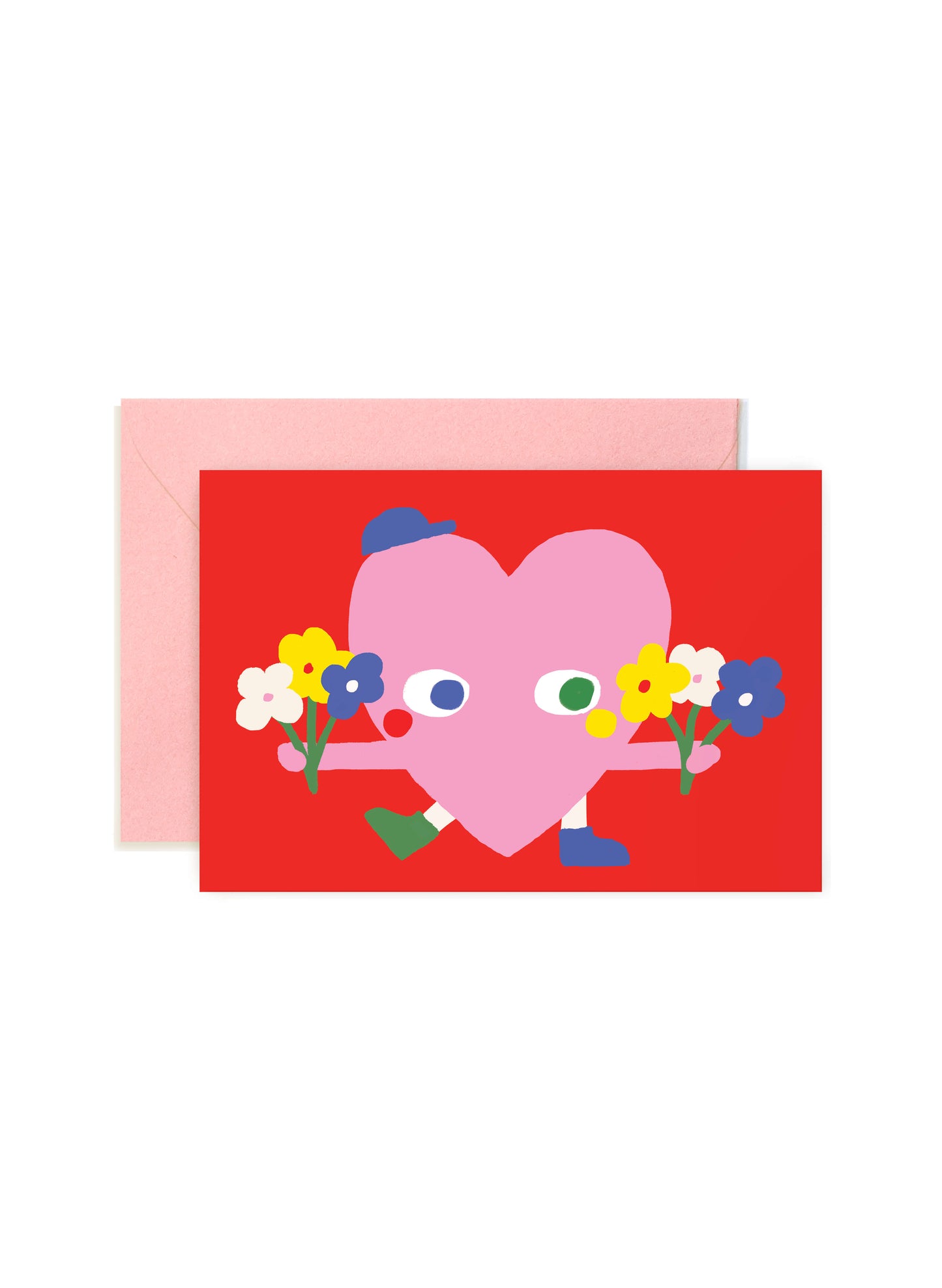 Heart Holding Flowers Mini Note by Karen Schipper featuring a pink heart holding flower bouquets on a bold red background with a pink envelope.