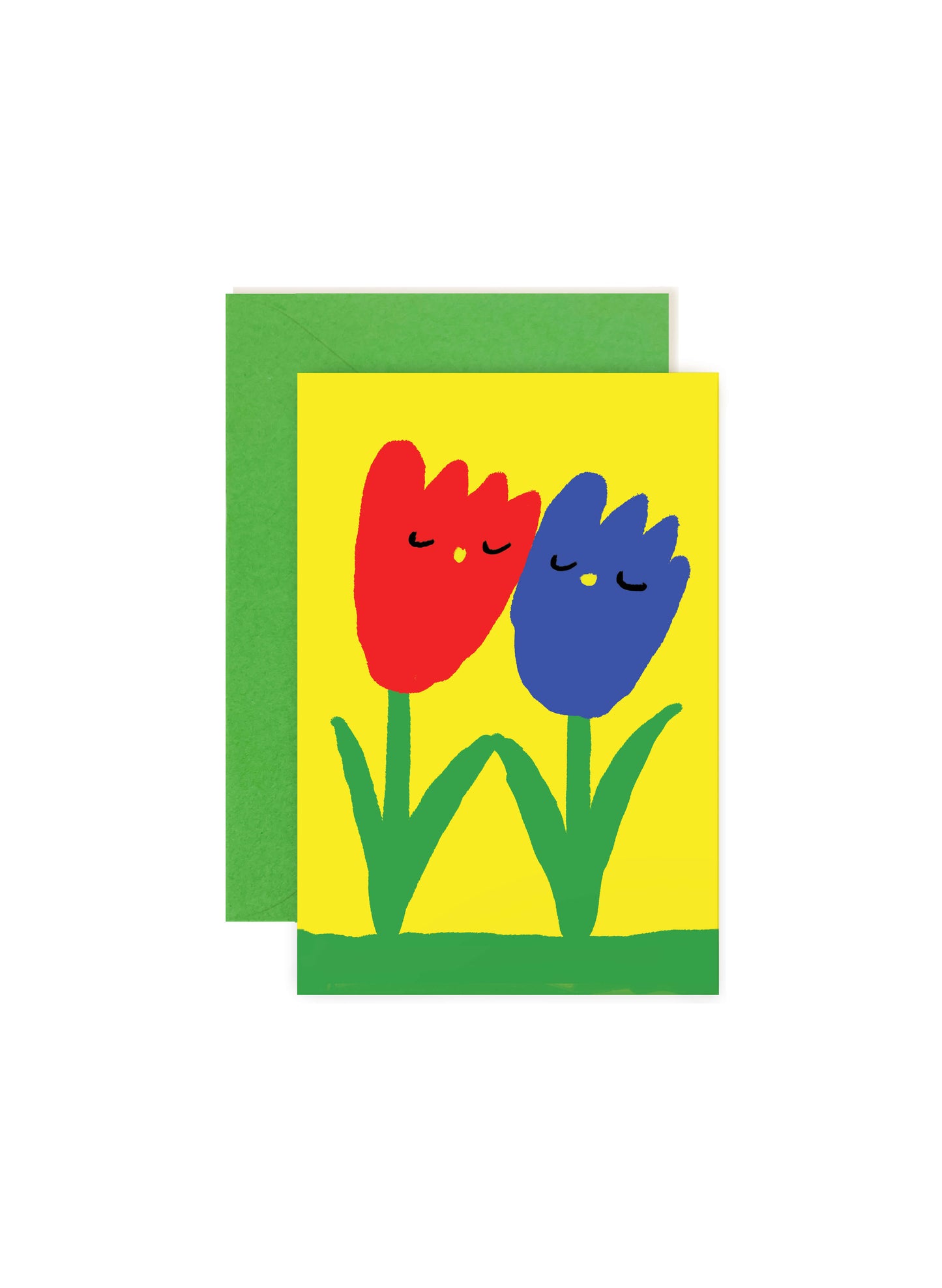 Karen Schipper Flower Lovers mini note card featuring two smiling flowers on a bright yellow background with a green envelope behind it.
