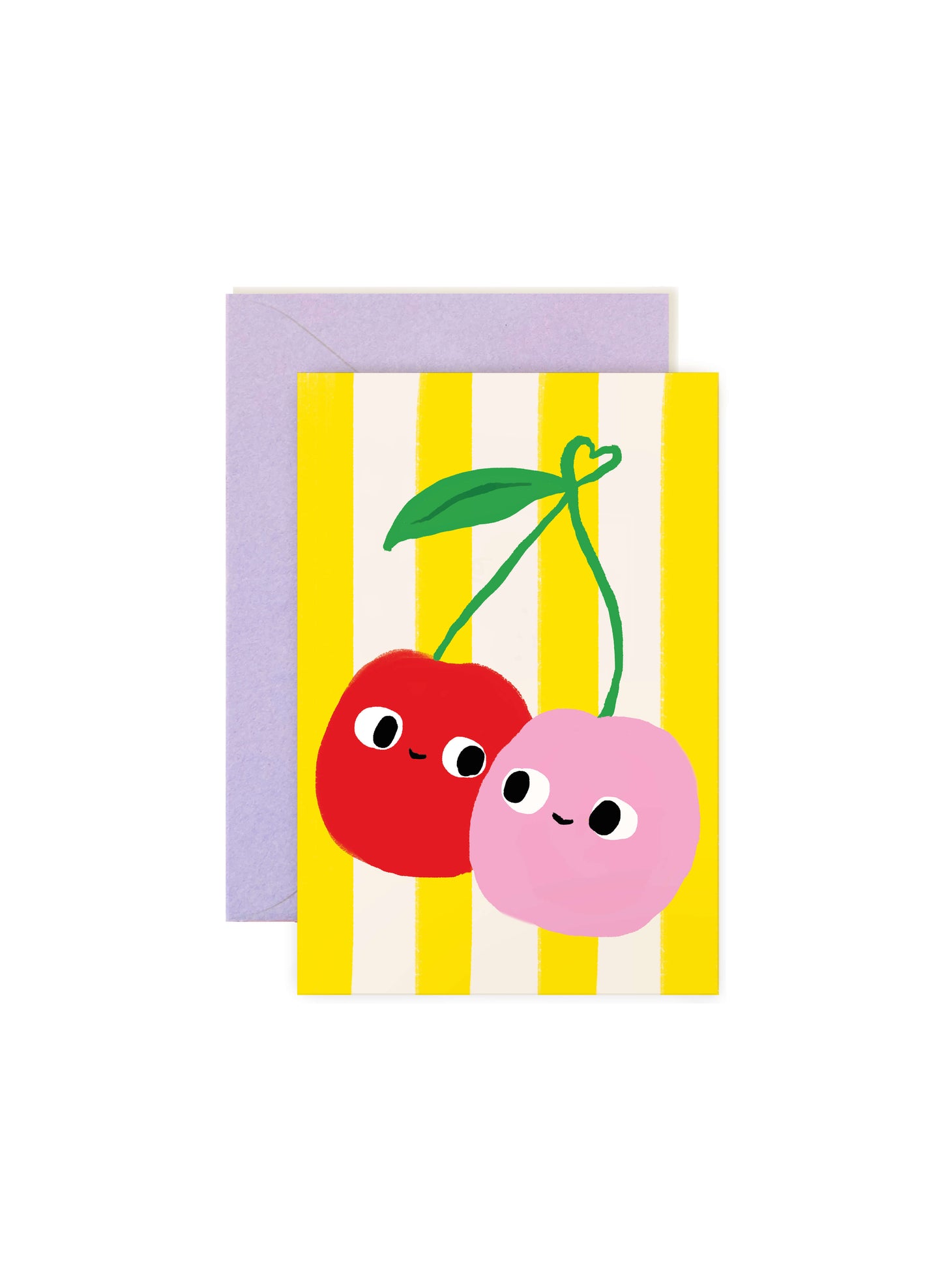 Karen Schipper Cherry Friends mini note card featuring two smiling cherries on a yellow striped background with a lavender envelope behind it.