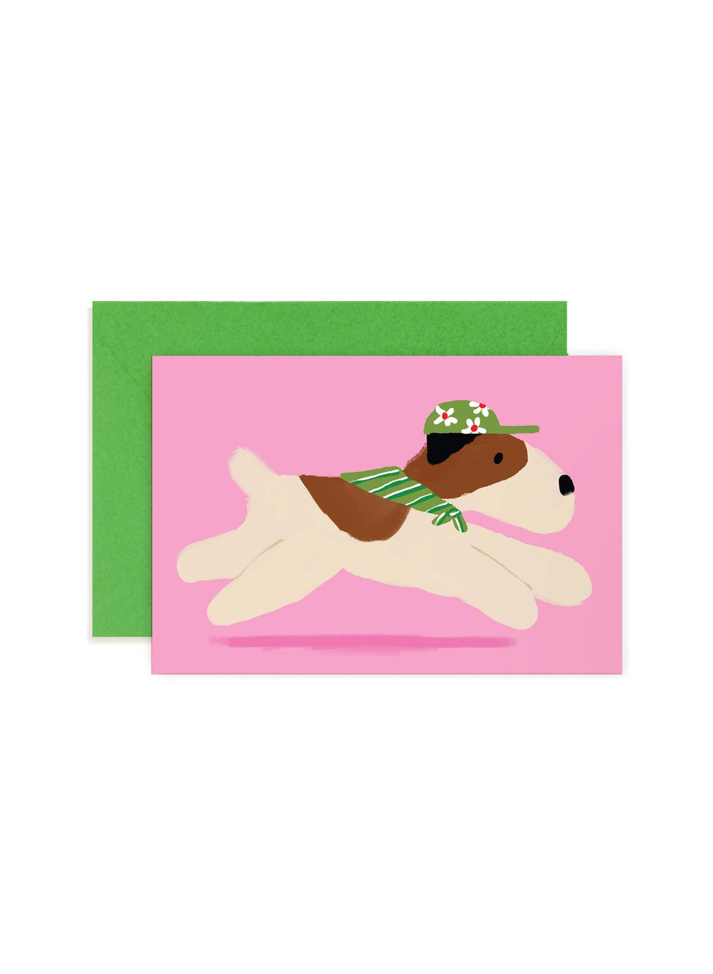 Karen Schipper Terrier Scout mini note card featuring a playful terrier wearing a floral cap and striped scarf on a pink background.