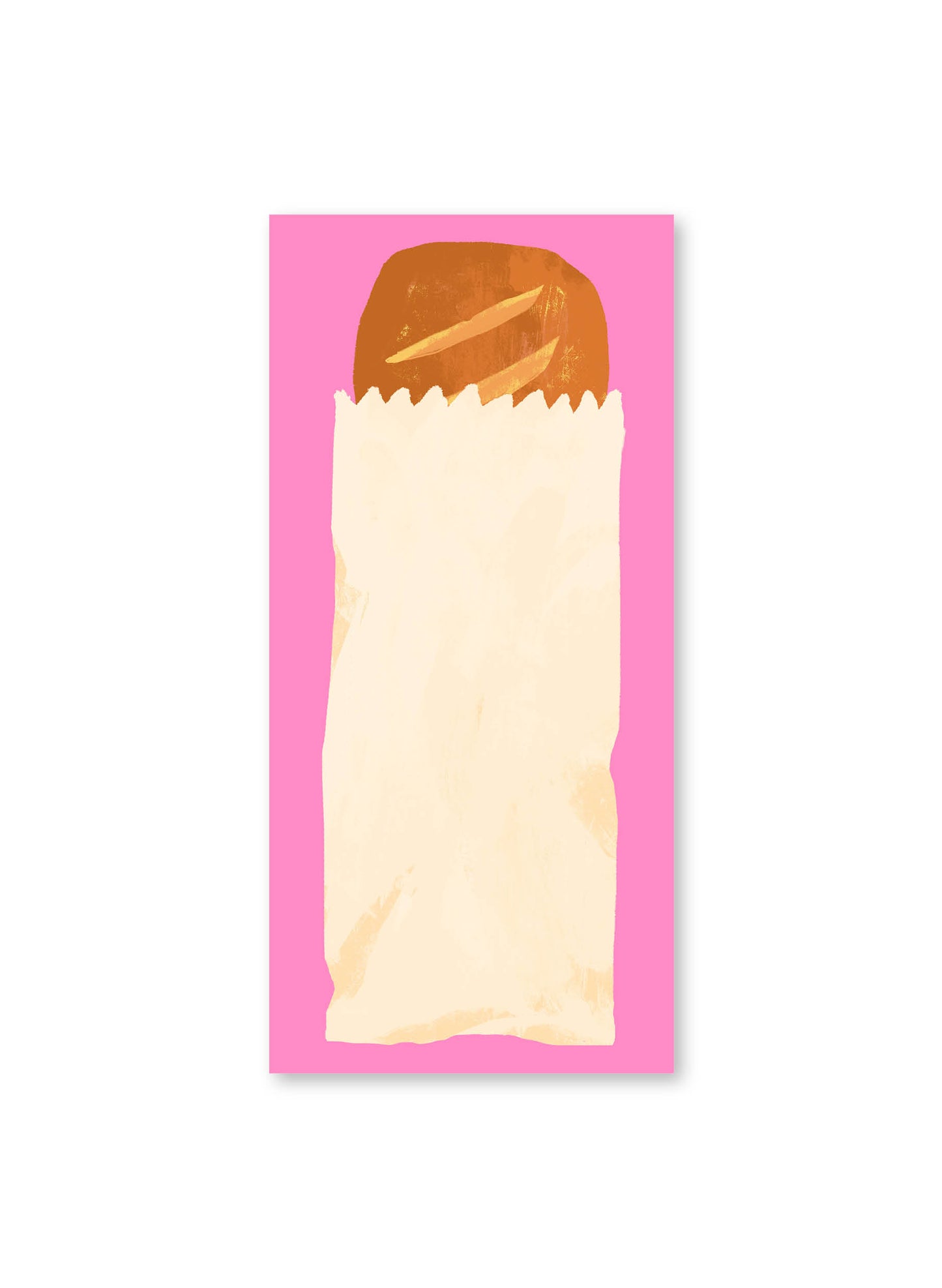 Bread Market List by Karen Schipper featuring an illustrated baguette tucked inside a cream paper bag on a bright pink background.