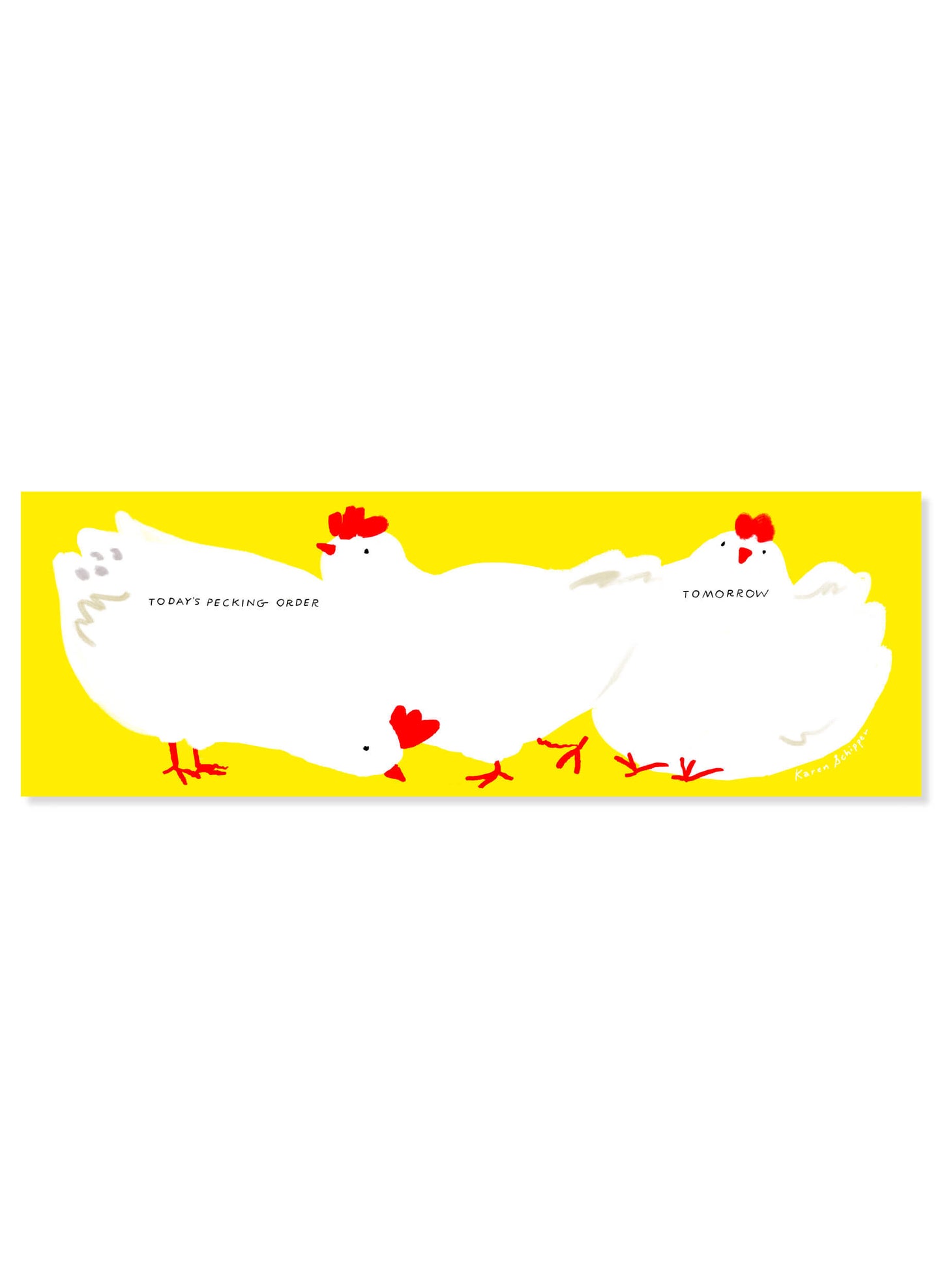 Chickens Weekly Desk Planner by Karen Schipper featuring three white hens with red combs, planning sections, and a bright yellow background.