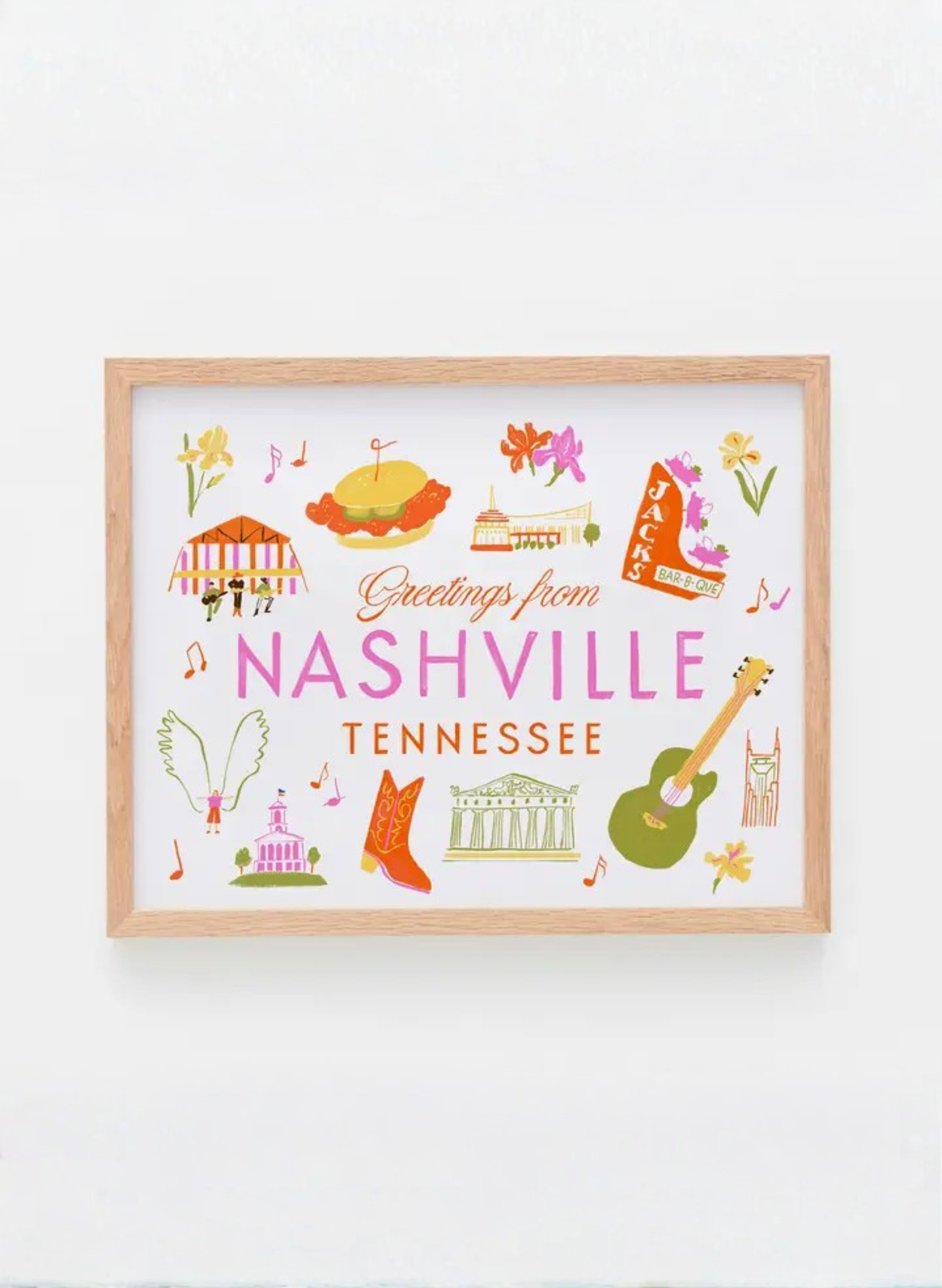 Framed Greetings from Nashville Art Print by Karen Schipper showing colorful Music City wall art with Tennessee landmarks and musical details.