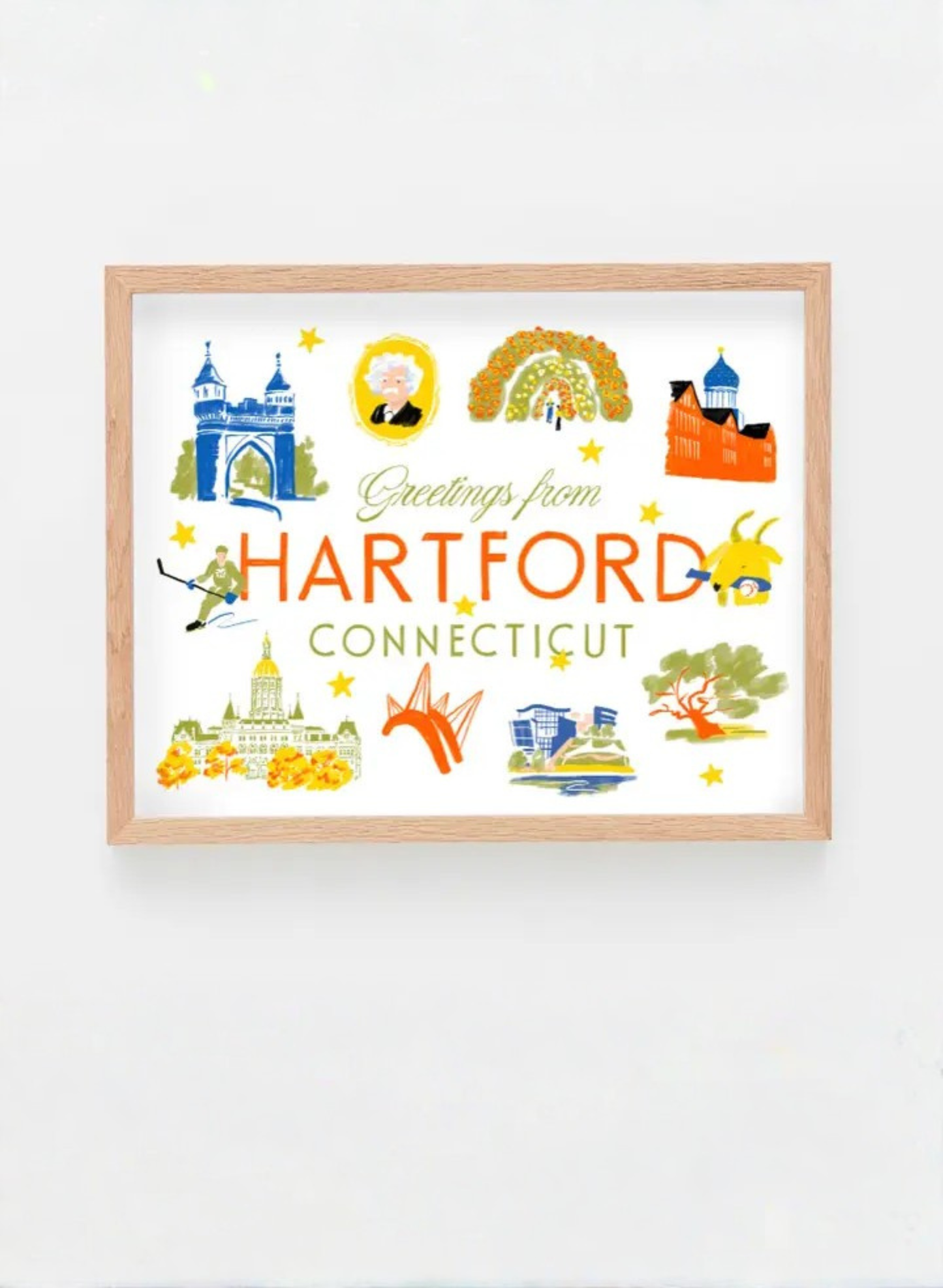 Clean product image of the Greetings from Hartford Art Print by Karen Schipper with illustrated Connecticut landmarks, Hartford lettering, and bright local icons.