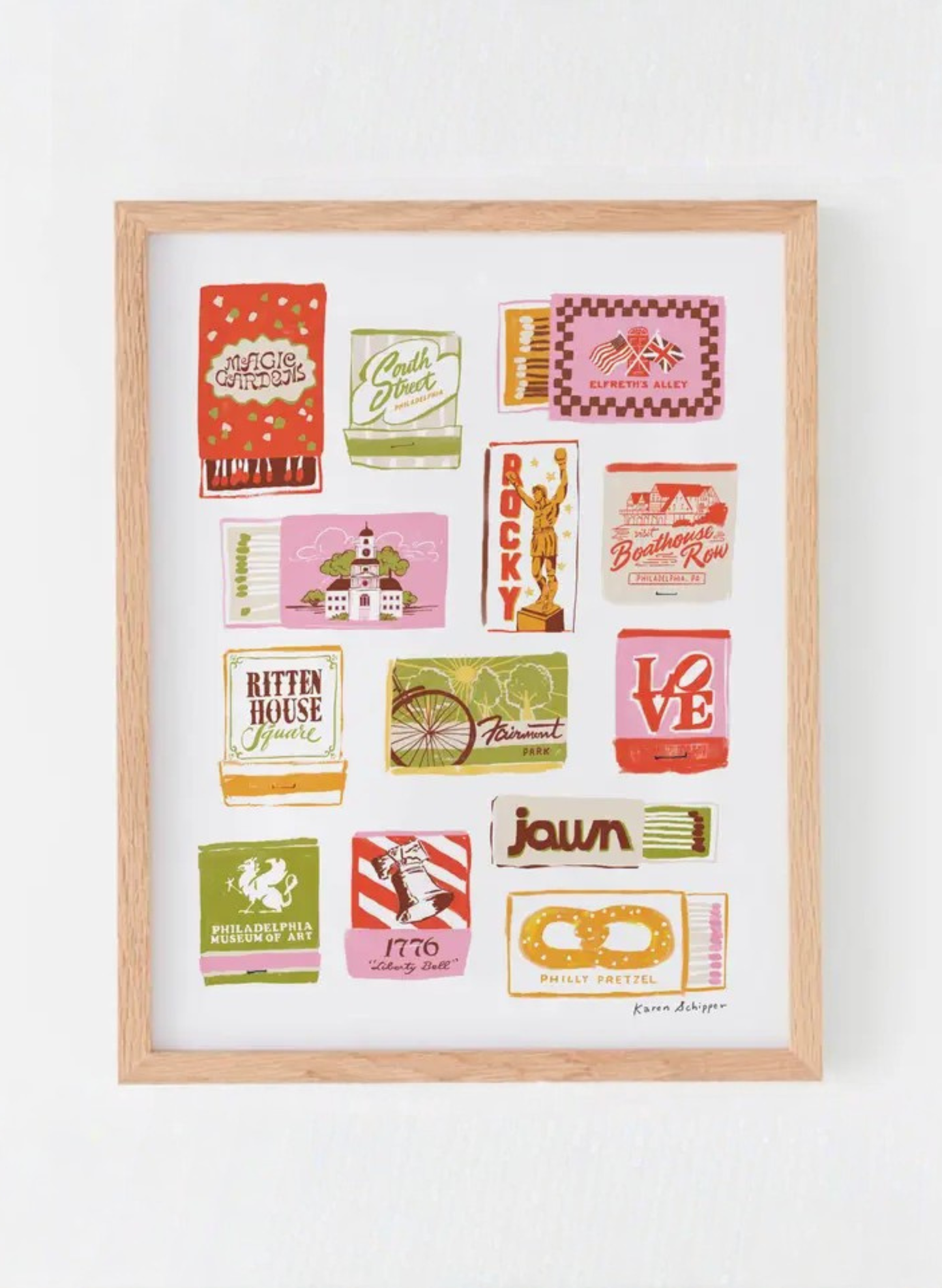 Framed Philadelphia Matchbooks Art Print by Karen Schipper featuring colorful vintage-inspired matchbook illustrations of Philly landmarks and local icons.