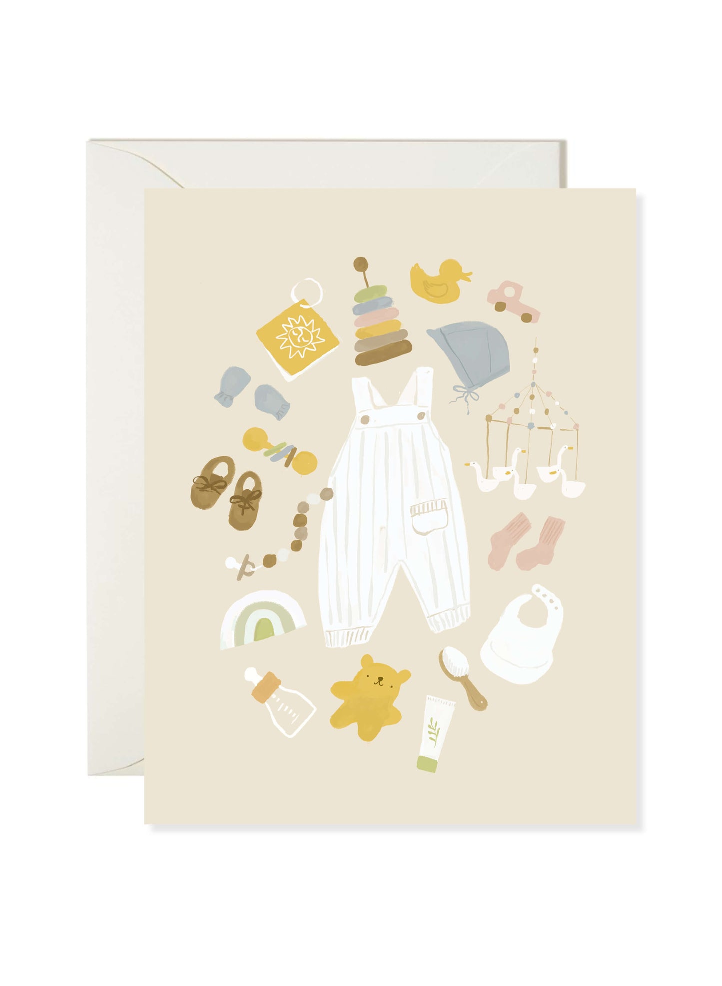 Bébé Things Baby Card by Karen Schipper featuring illustrated newborn essentials including overalls, booties, bib, pacifier, and baby keepsakes on a soft neutral background.