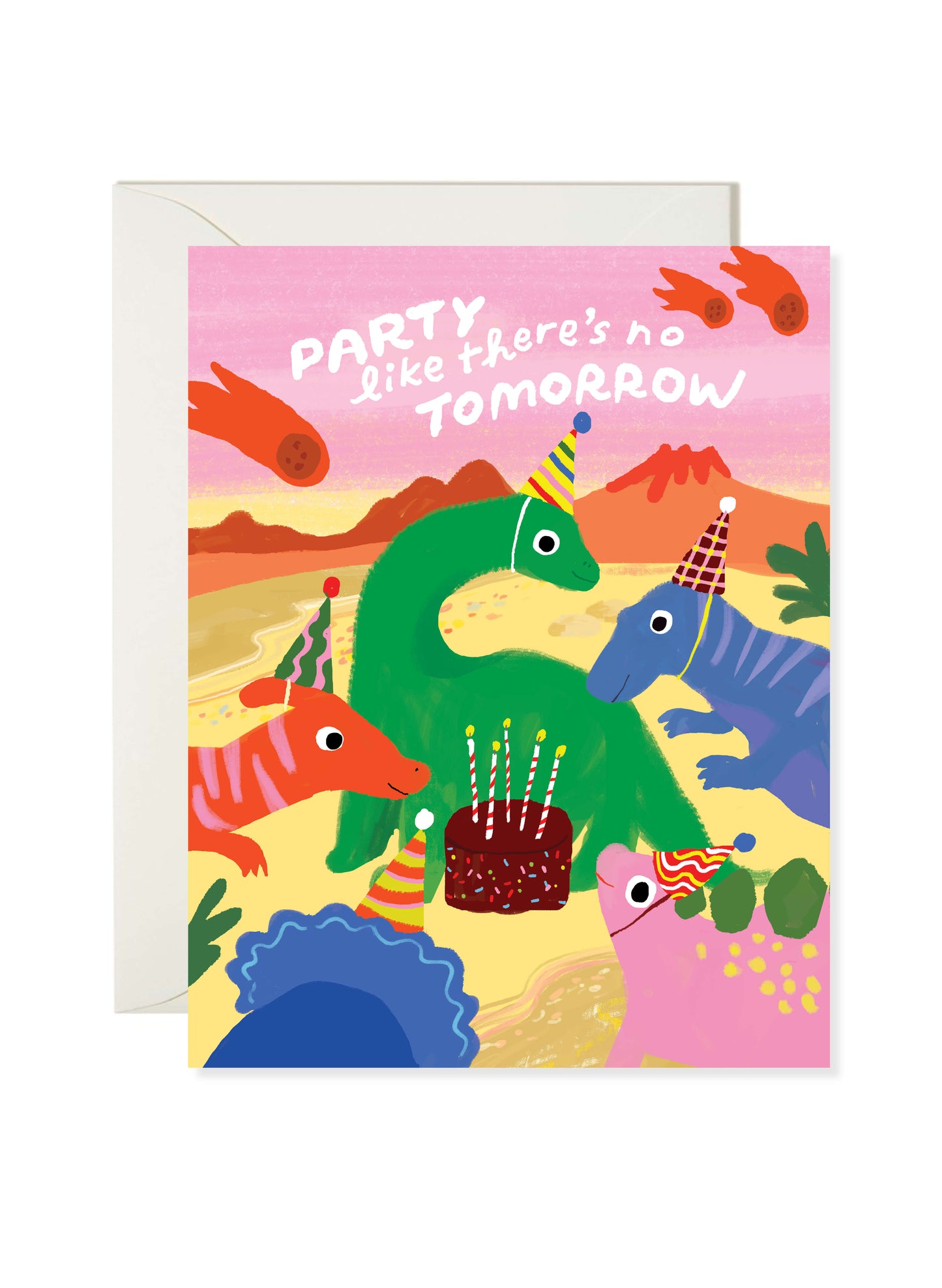 Dinosaur Birthday Card by Karen Schipper featuring colorful dinosaurs in party hats around a birthday cake with a playful party pun.
