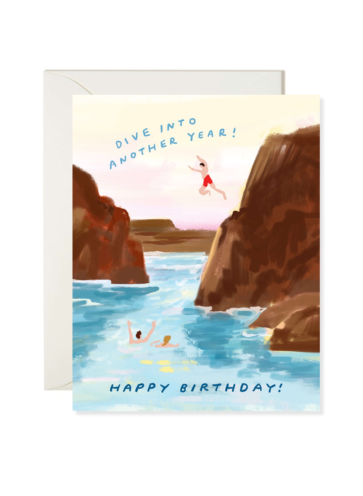 Dive Into Another Year Card by Karen Schipper featuring cliff jumpers diving into blue ocean water between rocky cliffs with a summer birthday message.