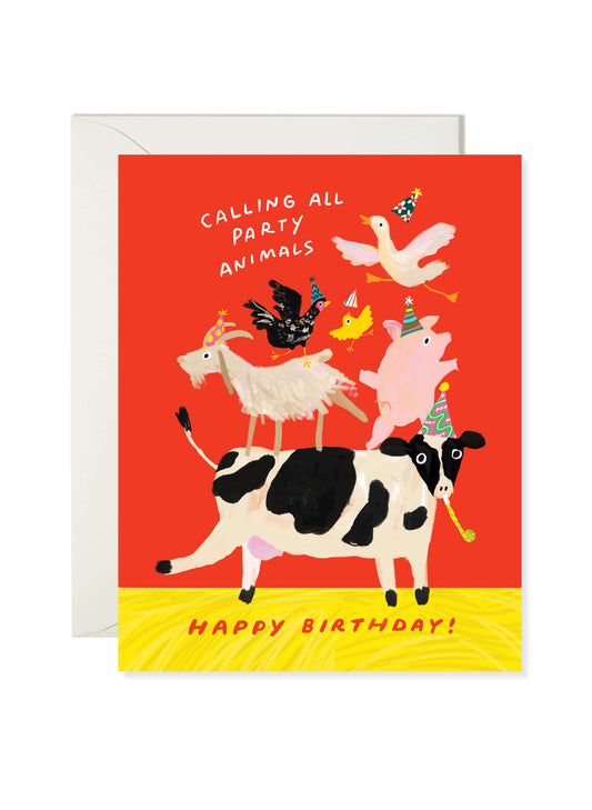 Farm Party Animal Birthday Card by Karen Schipper featuring stacked farm animals in party hats with a bright red background and playful birthday message.
