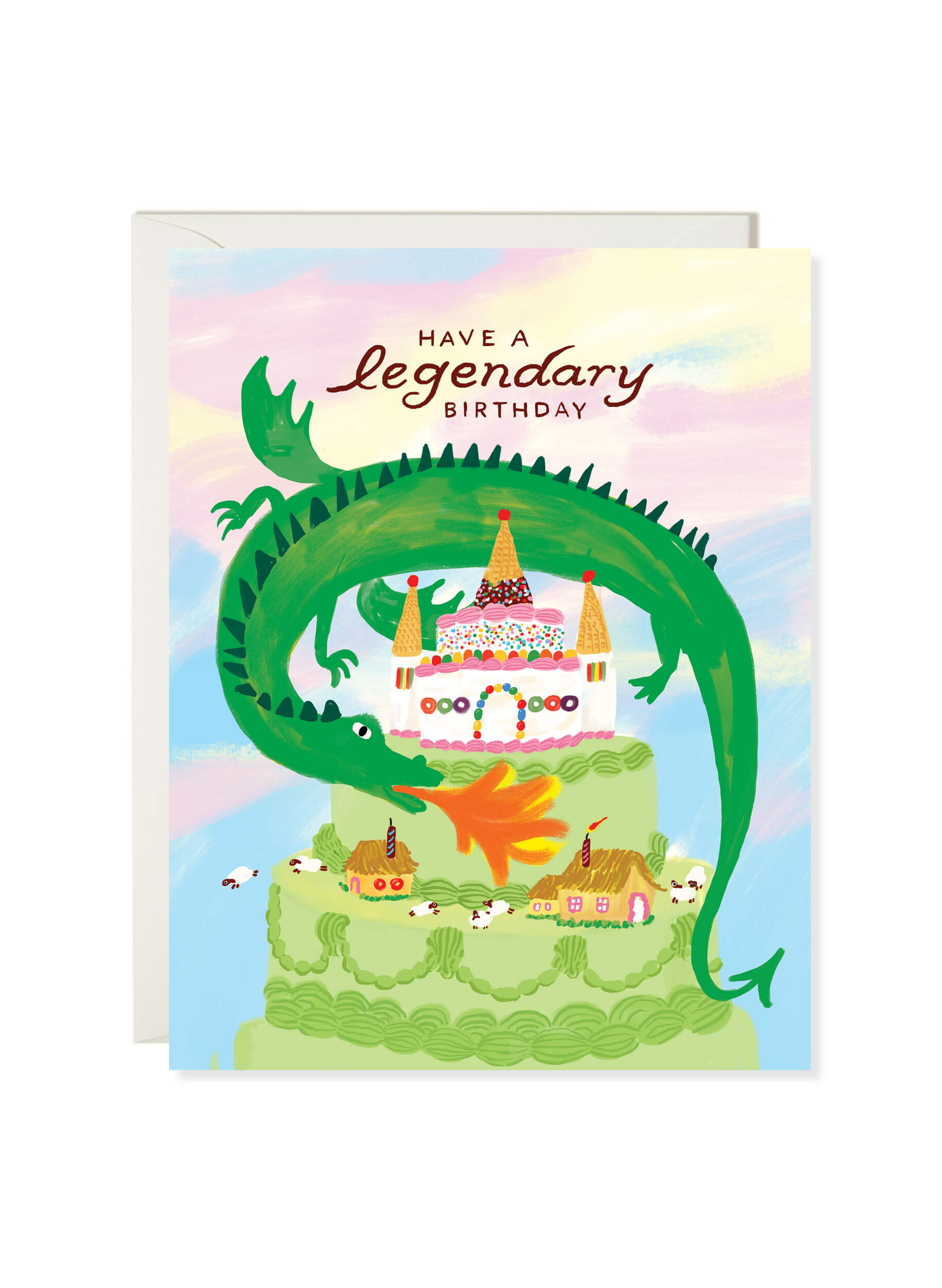 Legendary Dragon Birthday card by Karen Schipper featuring a green dragon curled around a tiered cake with a legendary birthday message.