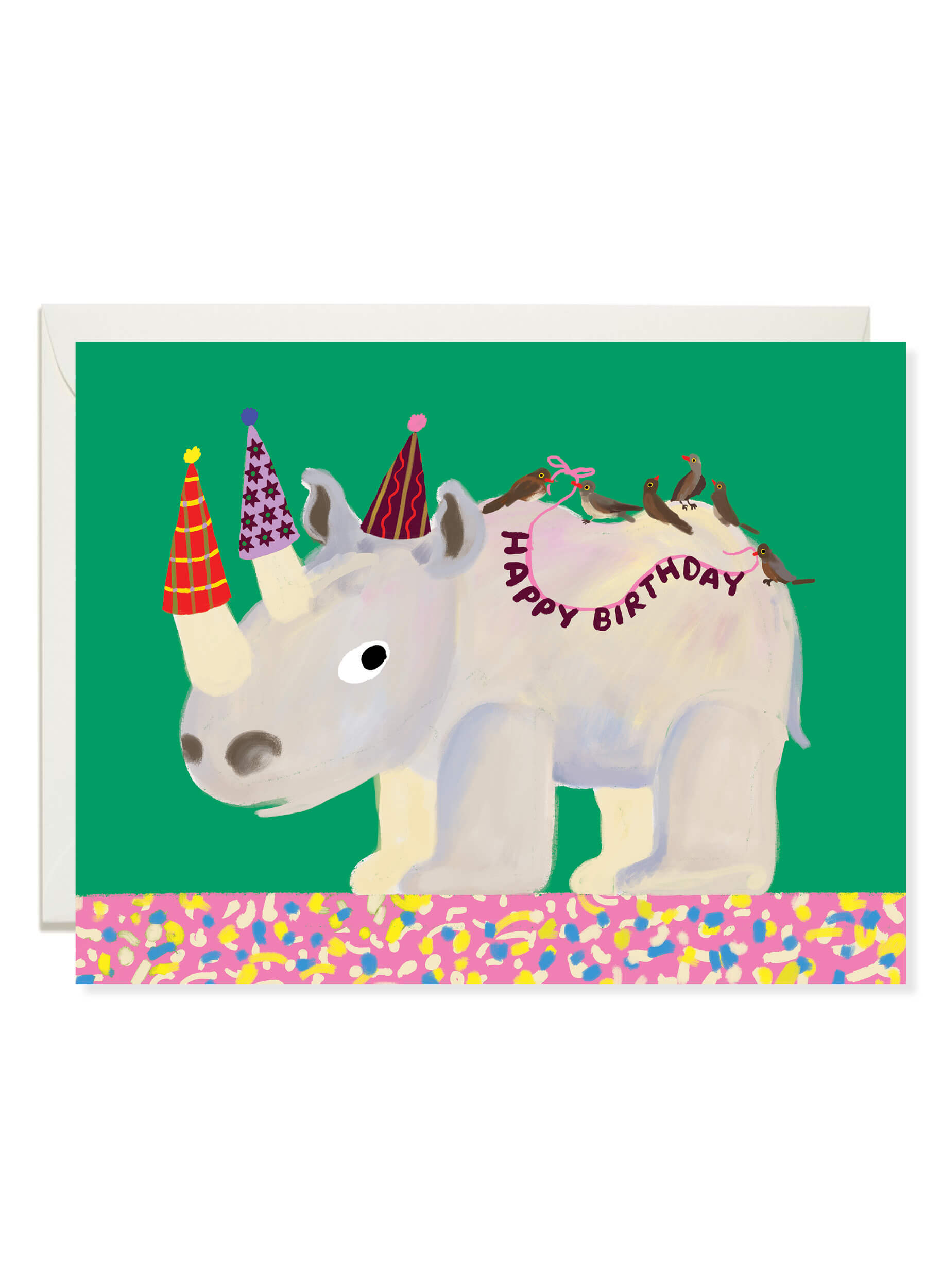 Rhino Birthday card by Karen Schipper featuring a pale rhino in party hats with birds and a Happy Birthday banner on a green background.