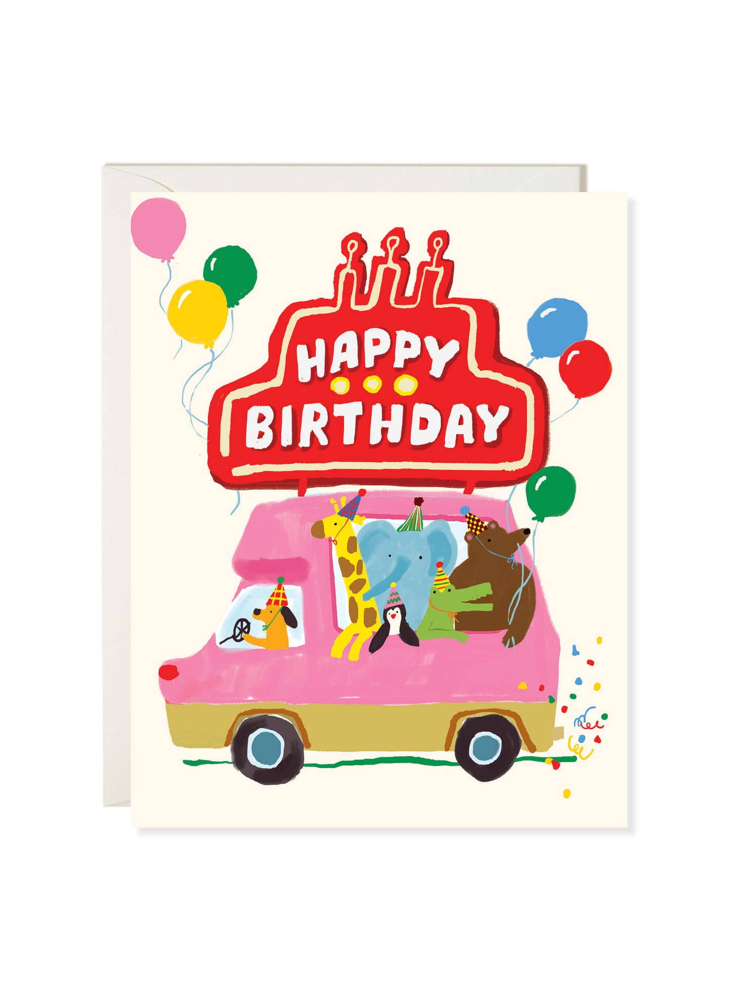 Party Animal birthday card by Karen Schipper featuring a pink van full of animals, balloons, and a large Happy Birthday sign.