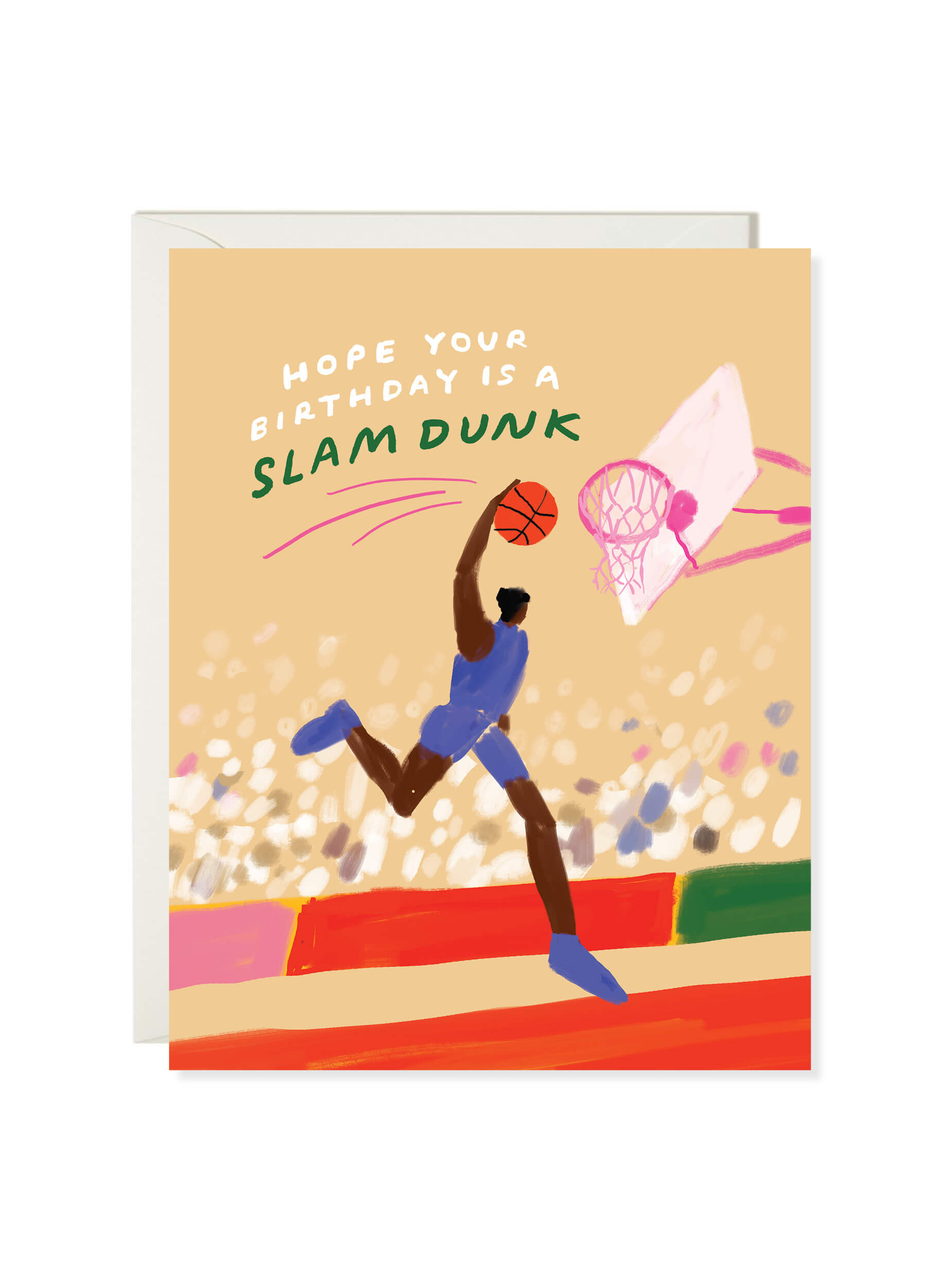 Slam Dunk birthday card by Karen Schipper featuring a basketball player jumping toward a pink hoop with a sports birthday message.