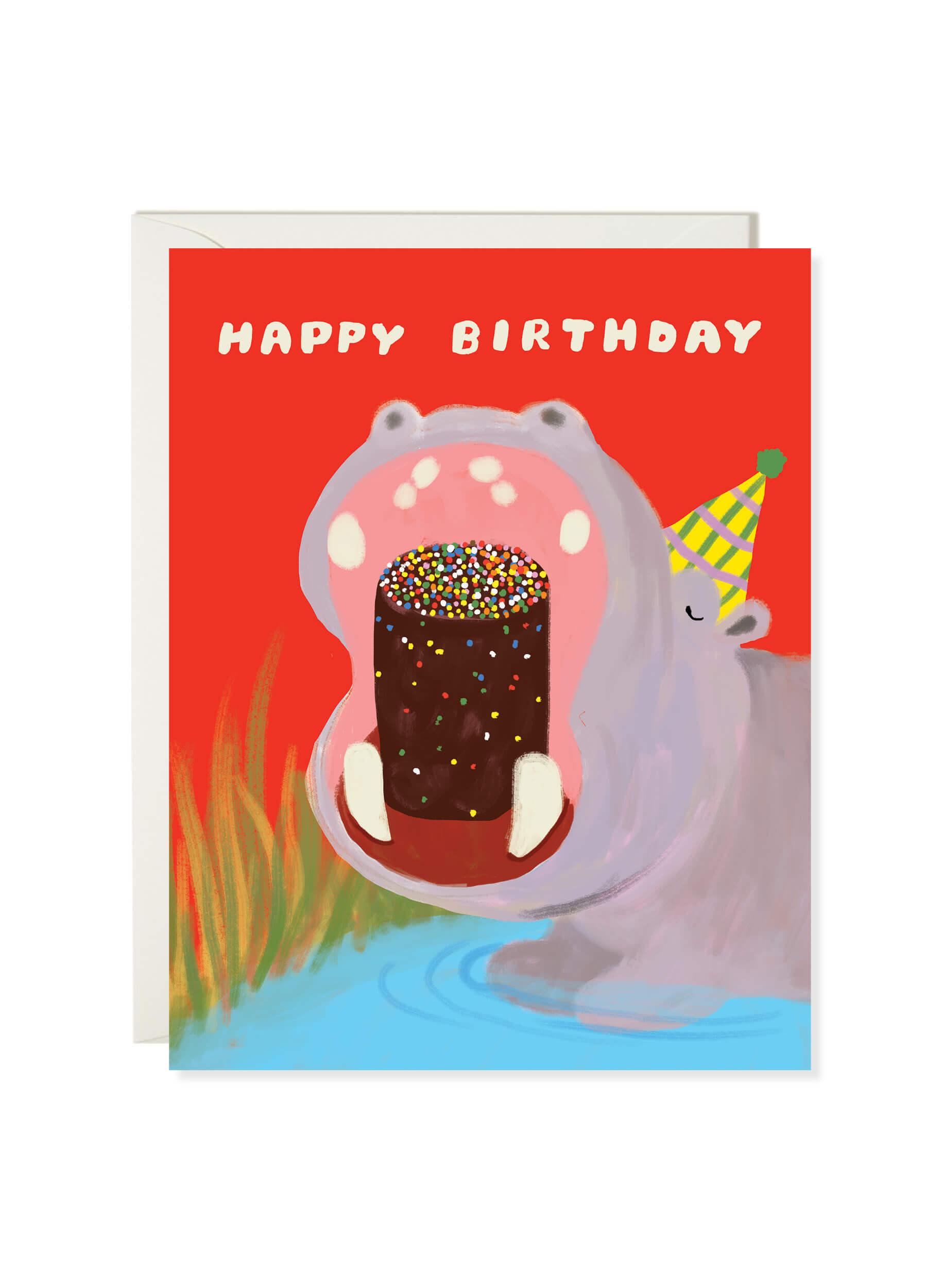 Hippo Birthday card by Karen Schipper featuring a hippo in a party hat holding a sprinkle-covered cake with a Happy Birthday message.