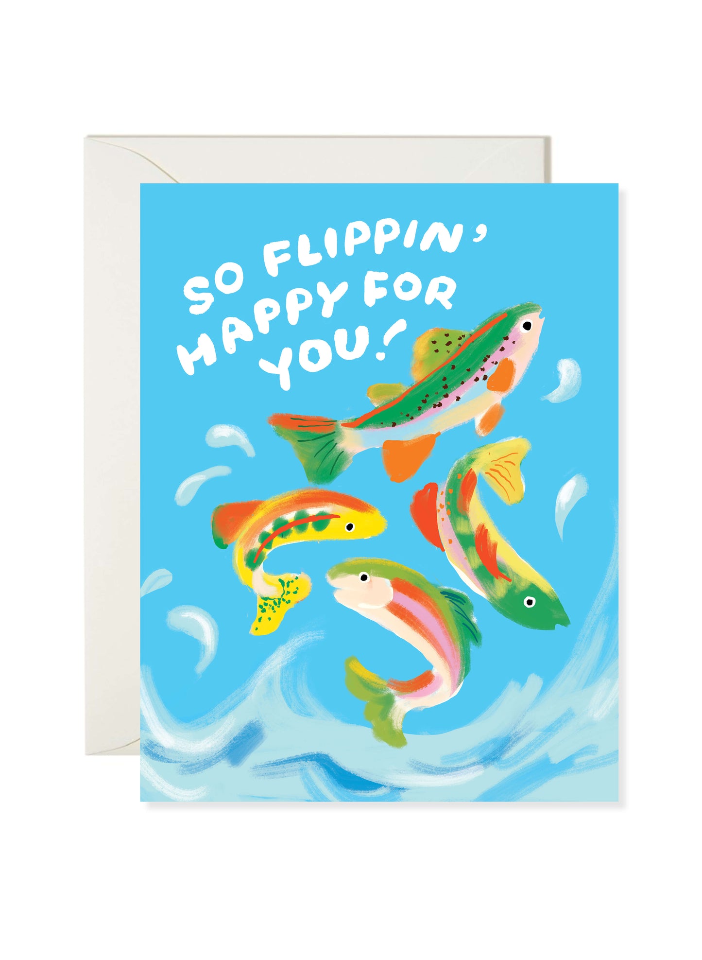 Jumping Trout Congrats Card by Karen Schipper featuring colorful trout leaping through painted waves with a playful congratulations message on a blue background.