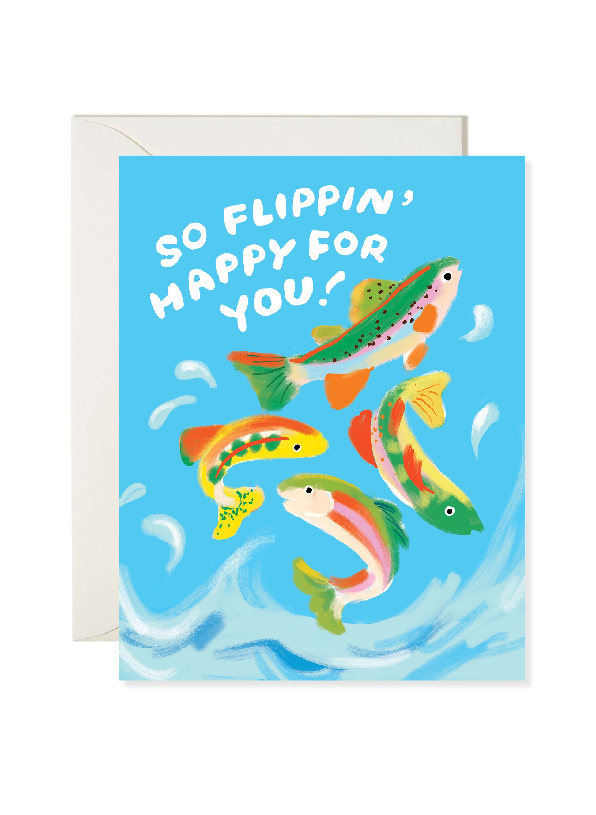 Jumping Trout Congrats Card by Karen Schipper featuring colorful trout leaping through painted waves with a playful congratulations message on a blue background.