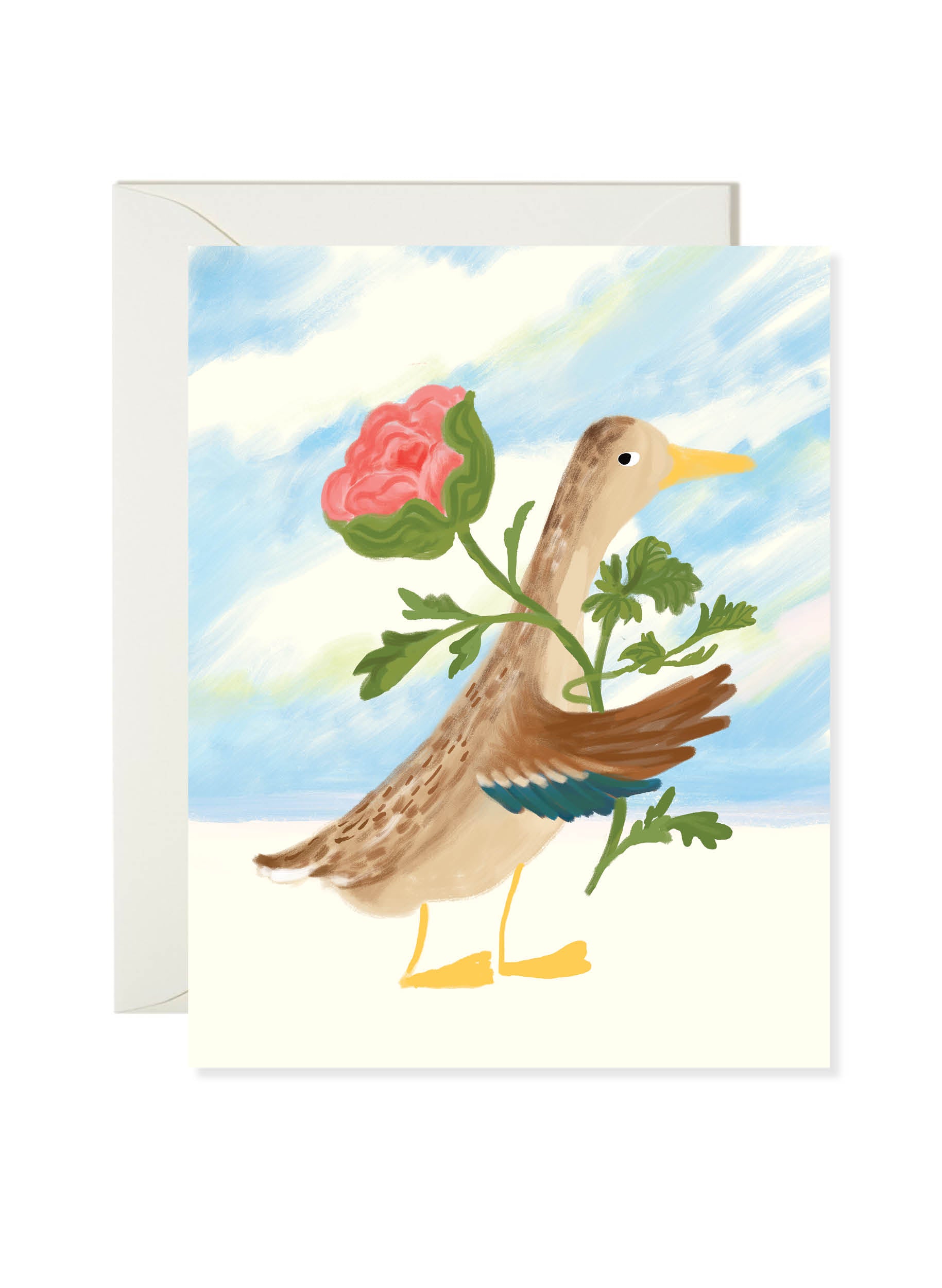 Karen Schipper Duck Spring Card featuring a brown duck carrying a pink flower against a soft blue sky.