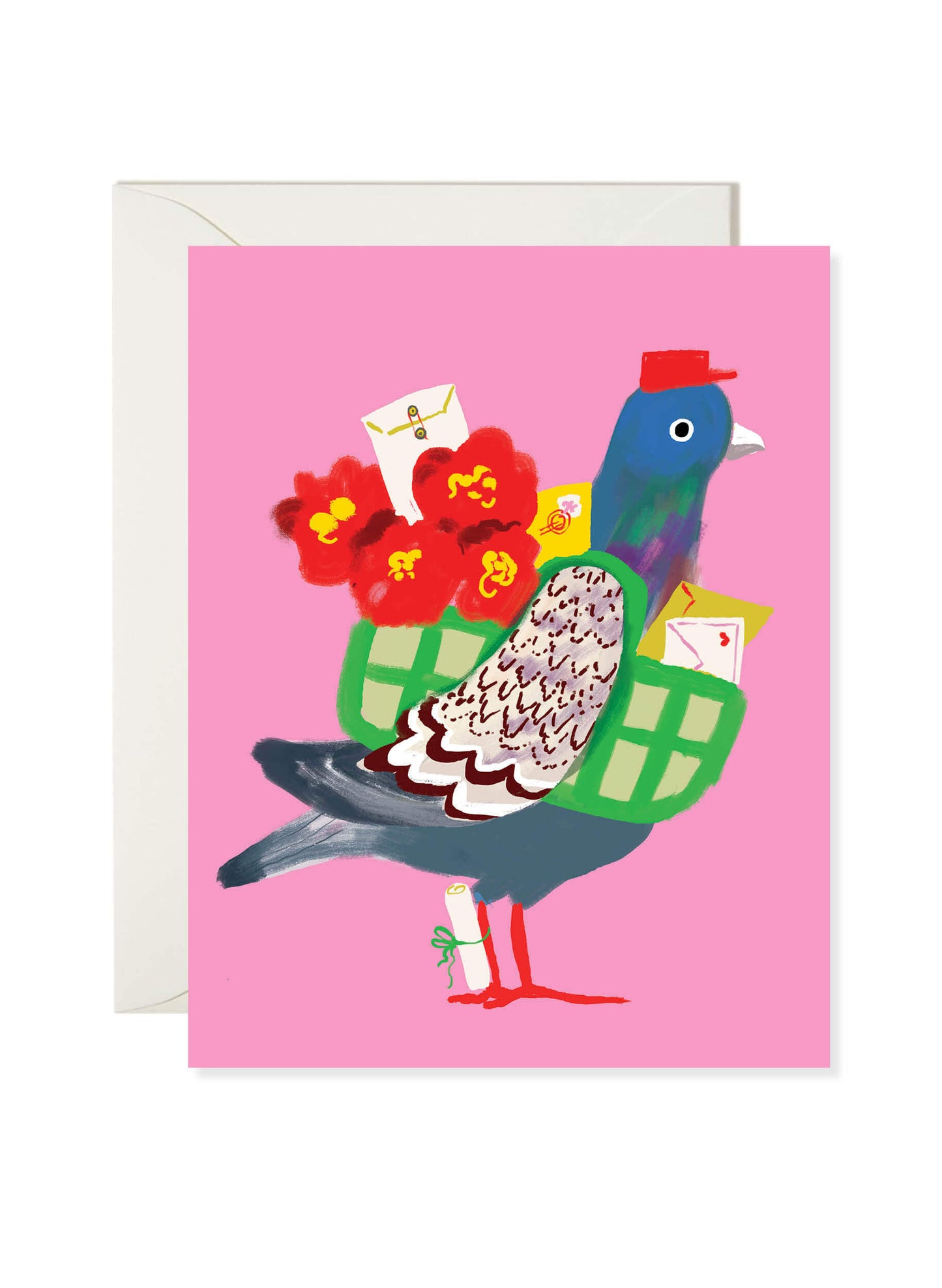 Pigeon Post Greeting Card by Karen Schipper featuring a blue pigeon carrying flowers and envelopes on a pink background.