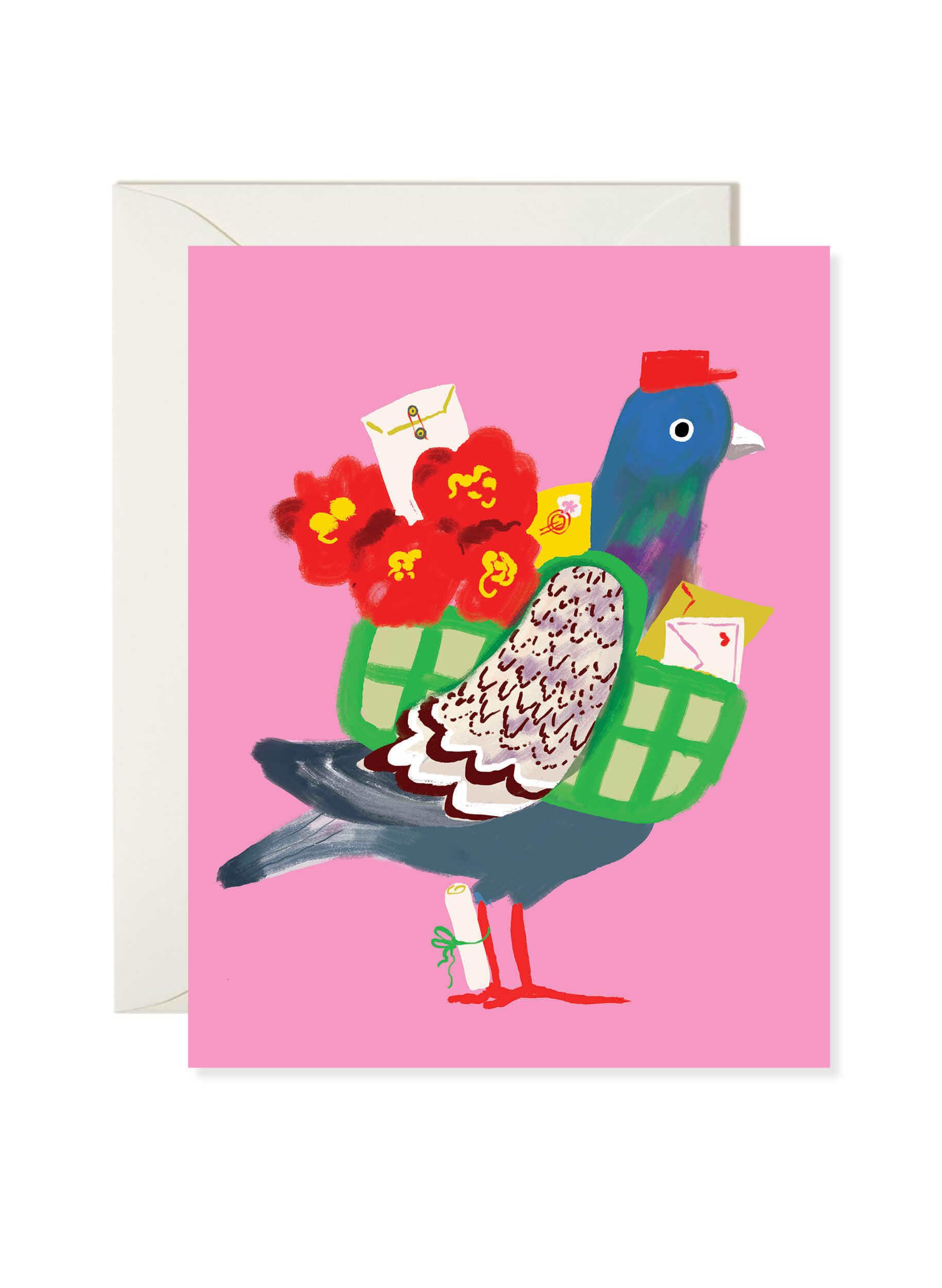 Pigeon Post Greeting Card by Karen Schipper featuring a blue pigeon carrying flowers and envelopes on a pink background.