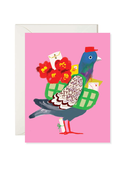 Pigeon Post Greeting Card by Karen Schipper featuring a blue pigeon carrying flowers and envelopes on a pink background.