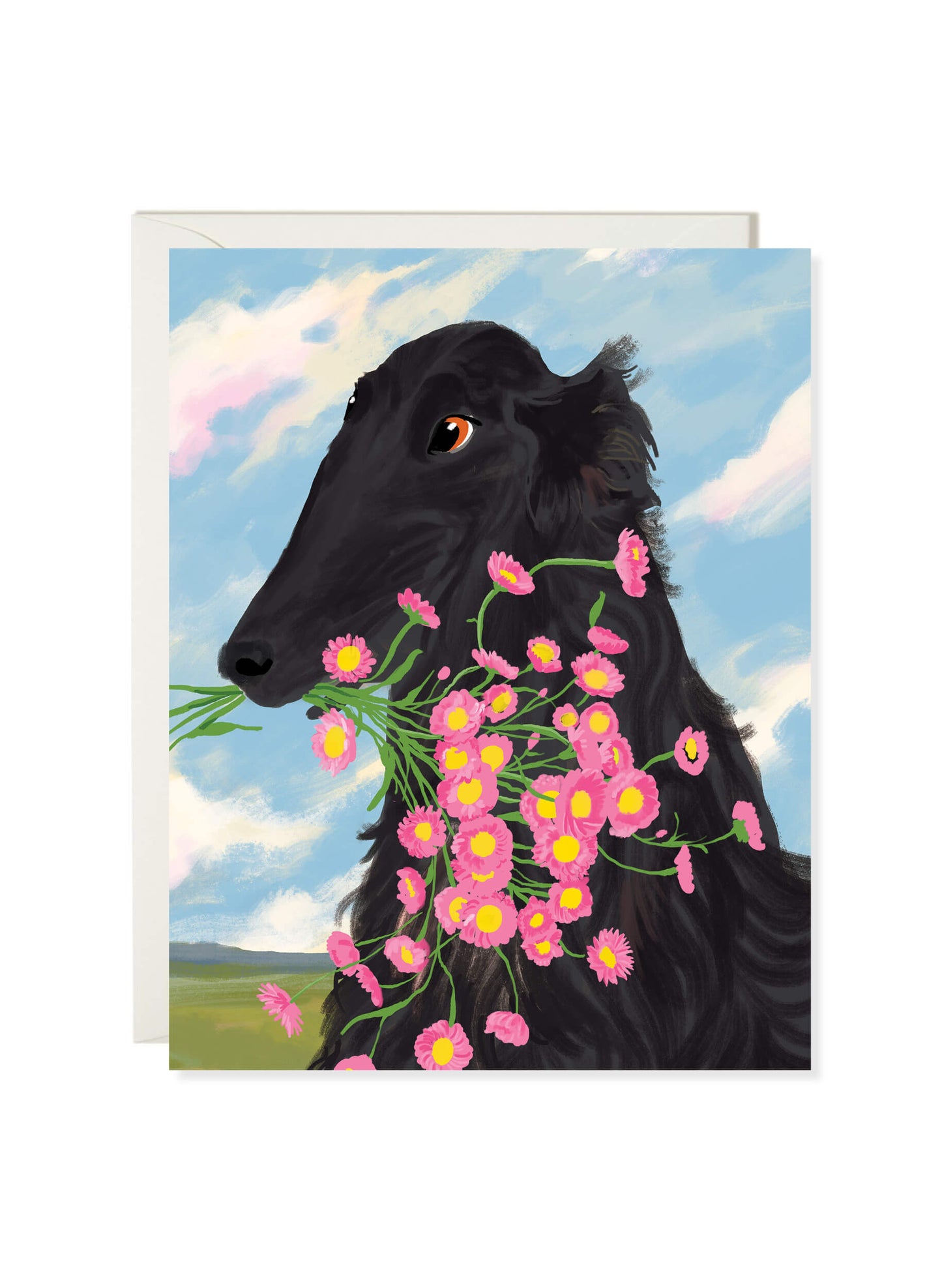 Afghan Hound card by Karen Schipper featuring a black dog holding pink flowers against a soft blue sky.