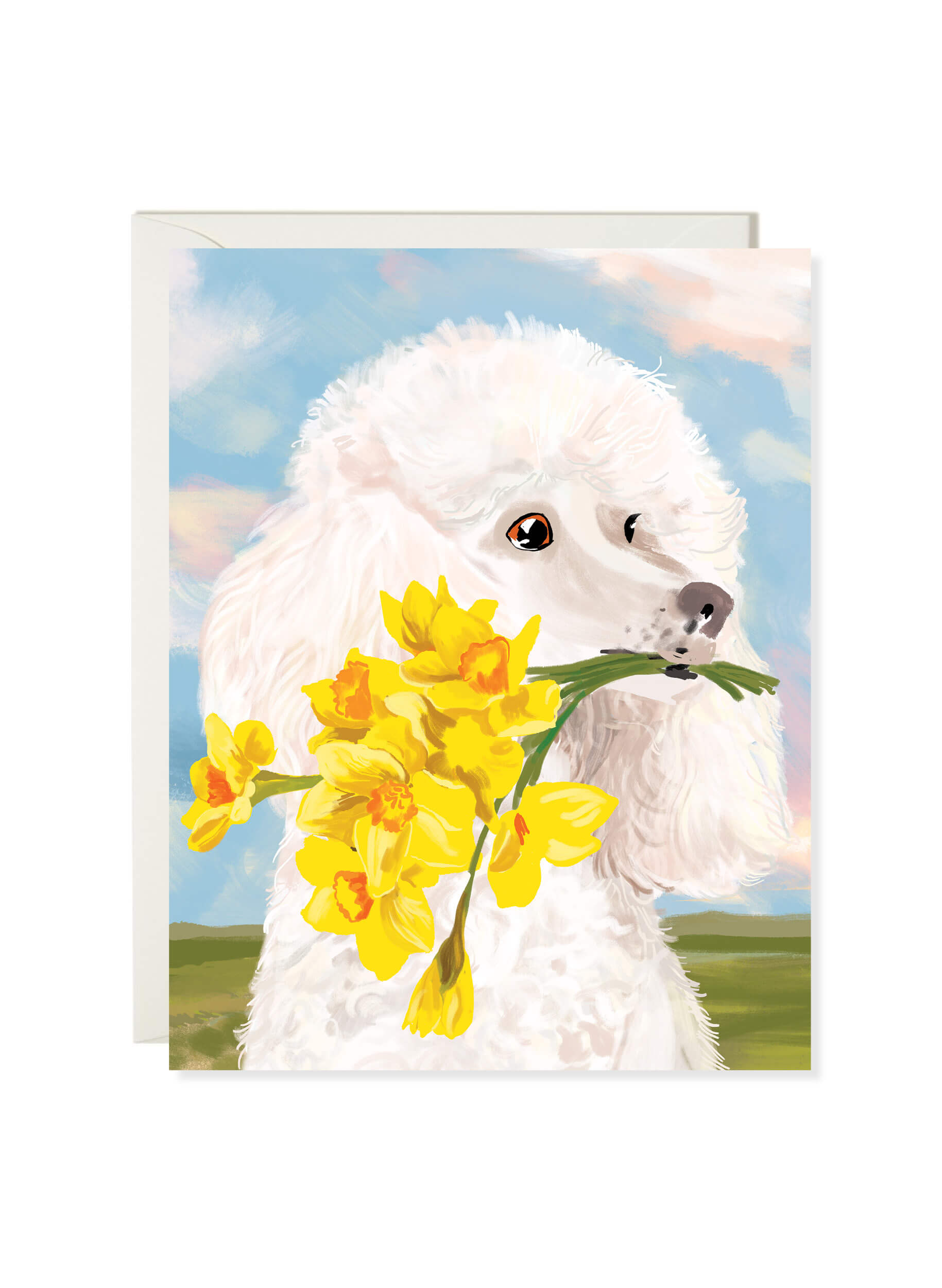 Poodle card by Karen Schipper featuring a fluffy white poodle holding yellow daffodils against a dreamy blue sky.