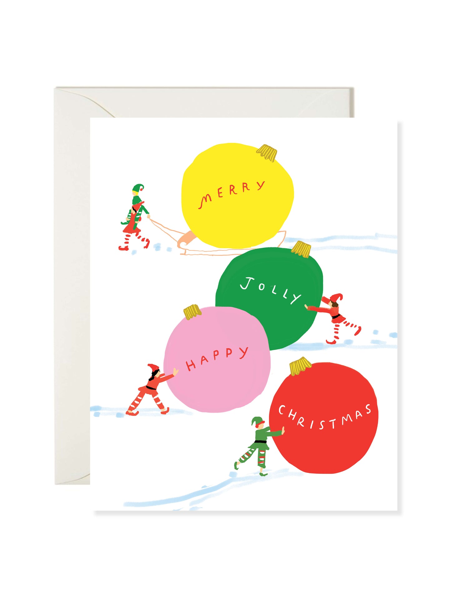 Elves Pushing Ornaments Christmas Card