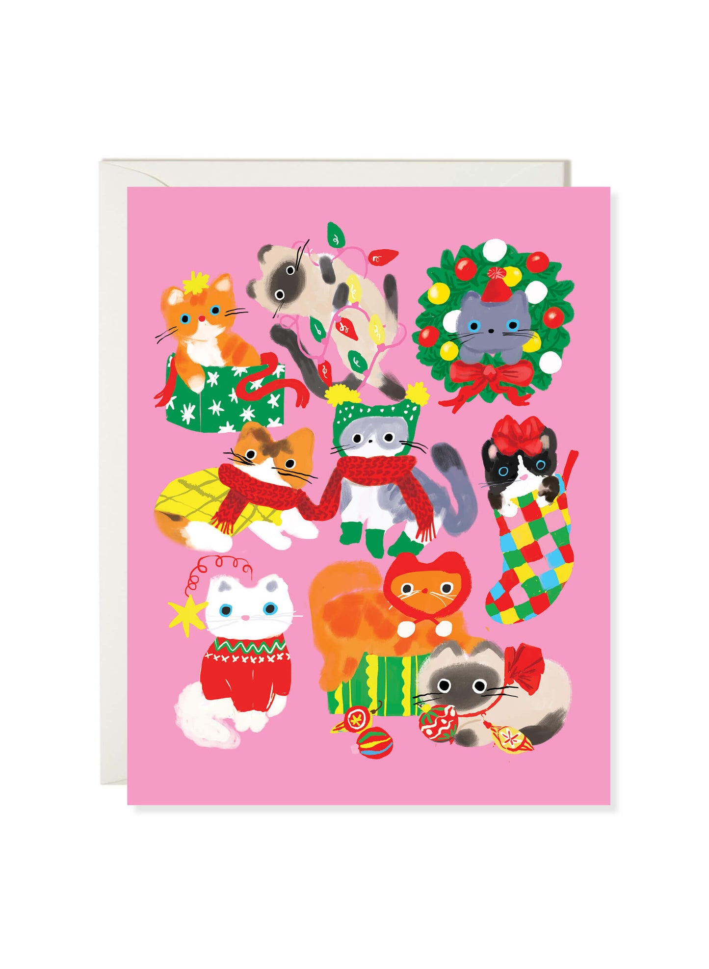 Christmas Cats card by Karen Schipper featuring festive cats with gifts, ornaments, stockings, and a wreath on a pink background.