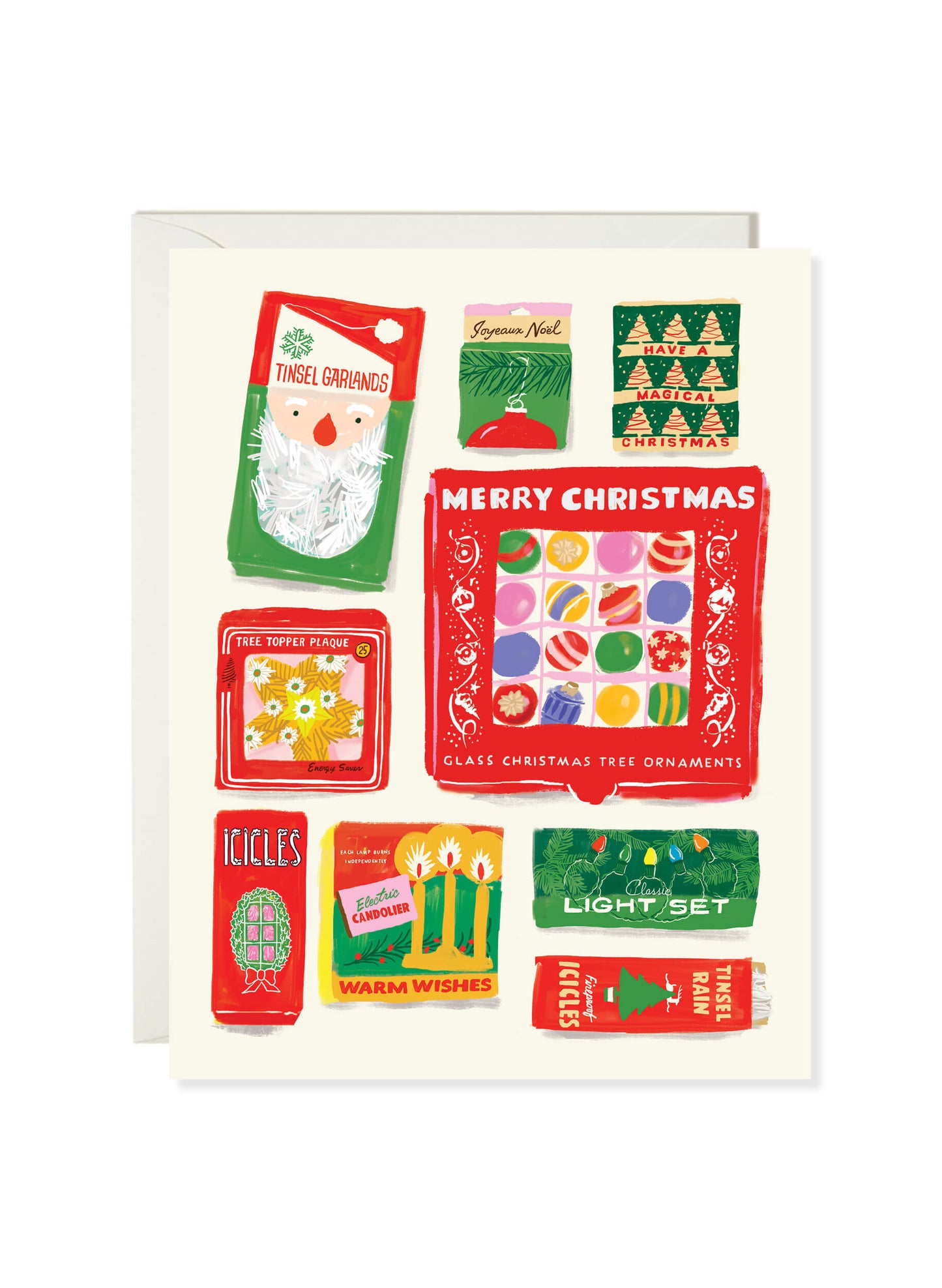 Christmas Packaging card by Karen Schipper featuring vintage holiday boxes, ornaments, tinsel, lights, and a Merry Christmas message.