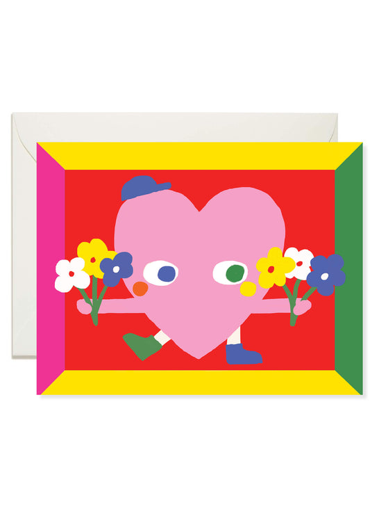 Flowers for You Heart Greeting Card by Karen Schipper featuring a pink heart character holding colorful flower bouquets in a bold graphic frame.