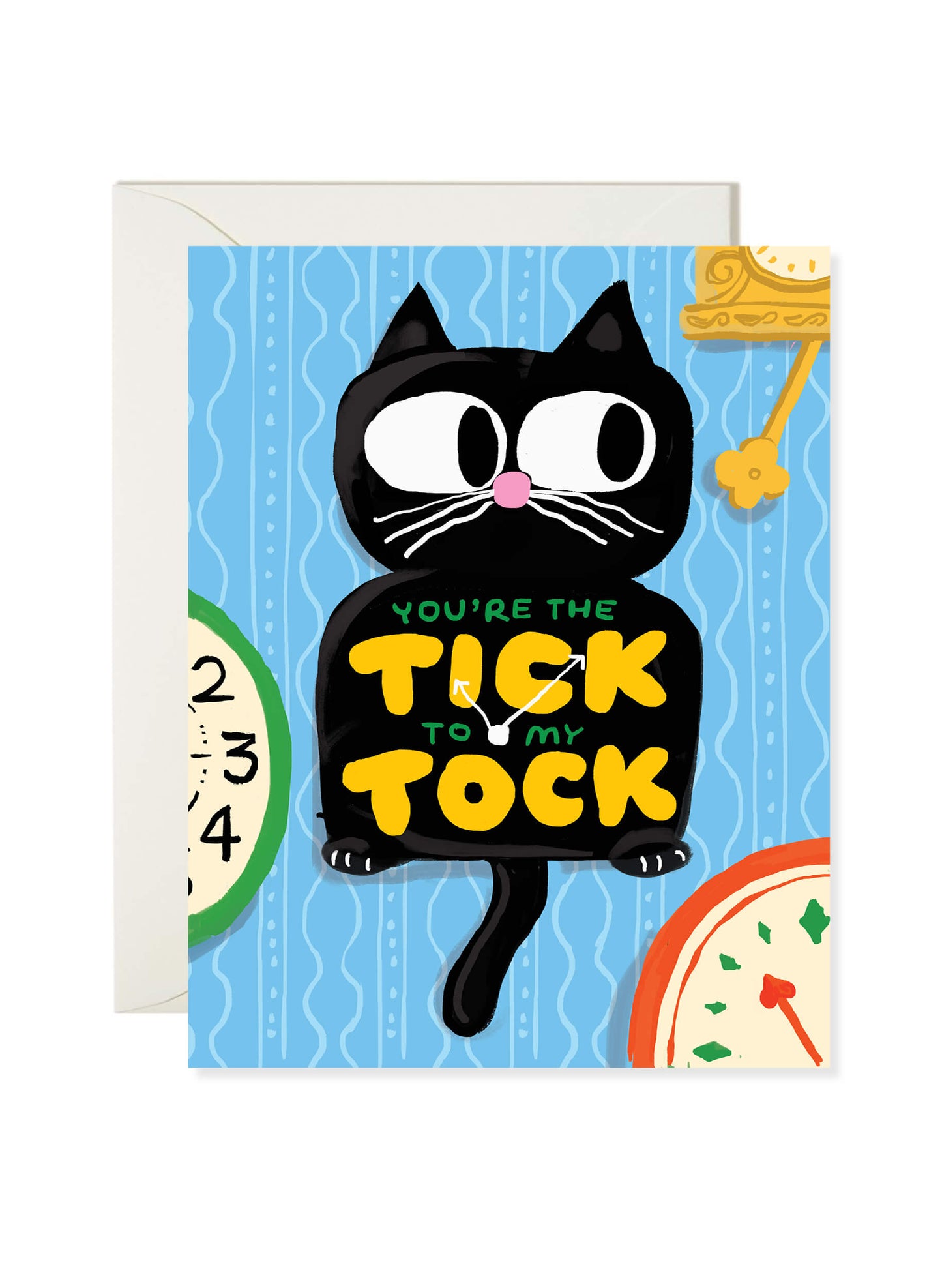 Tick Tock Clock Greeting Card by Karen Schipper featuring a black cat clock with playful love lettering on a bright blue background.