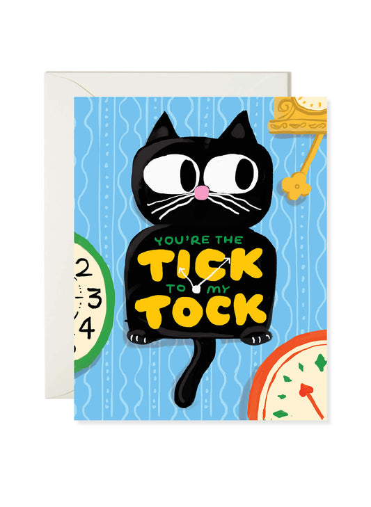 Tick Tock Clock Greeting Card by Karen Schipper featuring a black cat clock with playful love lettering on a bright blue background.