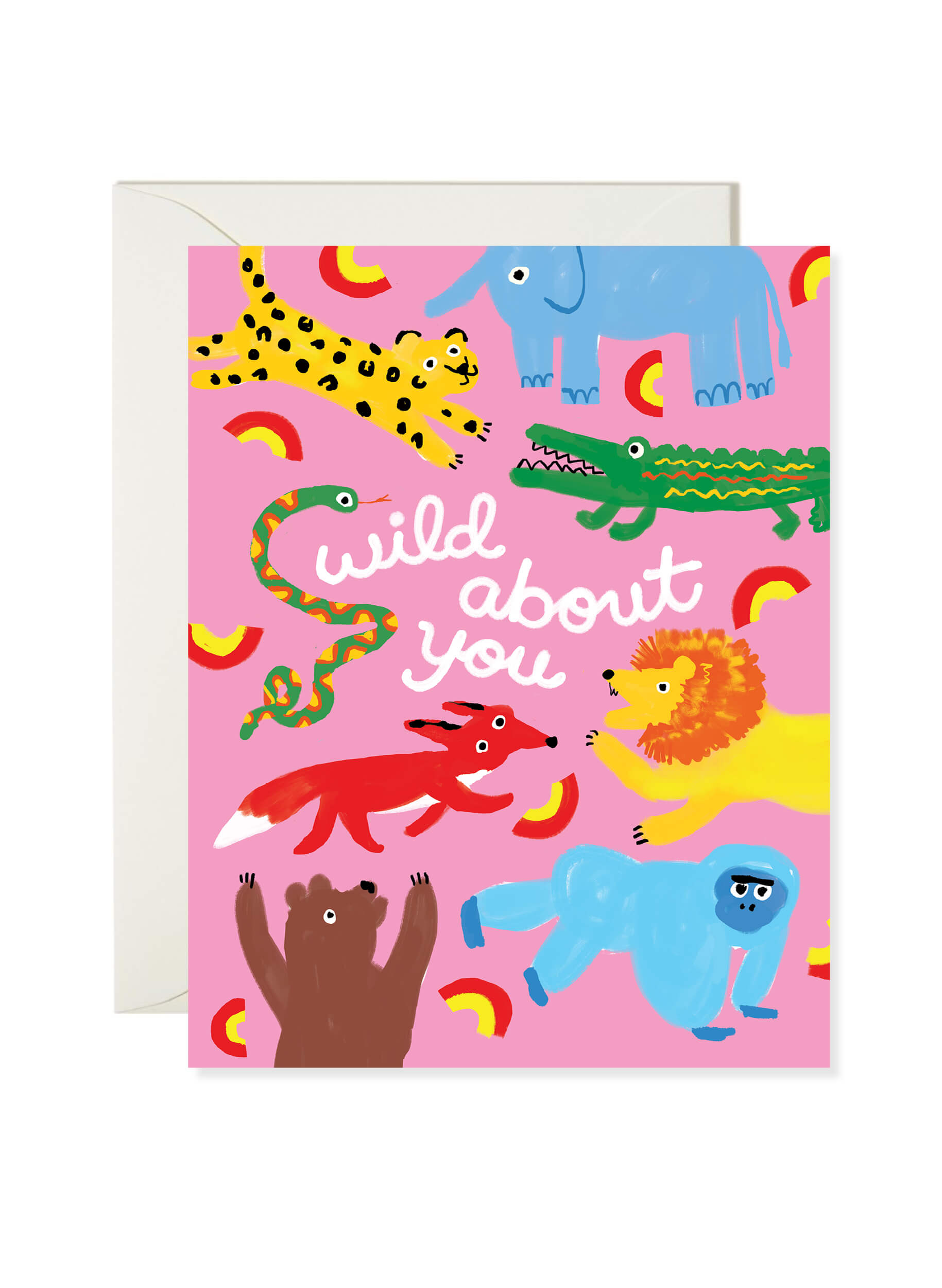 Wild About You Greeting Card by Karen Schipper featuring colorful jungle animals and playful love lettering on a pink background.