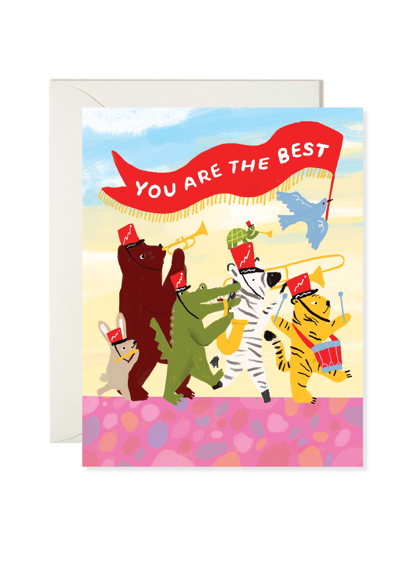 You’re The Best Parade Card by Karen Schipper featuring a playful animal parade with instruments and a bright you are the best banner.