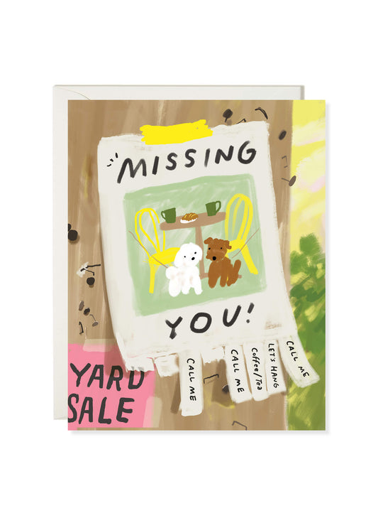 Missing You Flyer card by Karen Schipper featuring a taped-up flyer with two dogs at a café table and tear-off call me tabs.