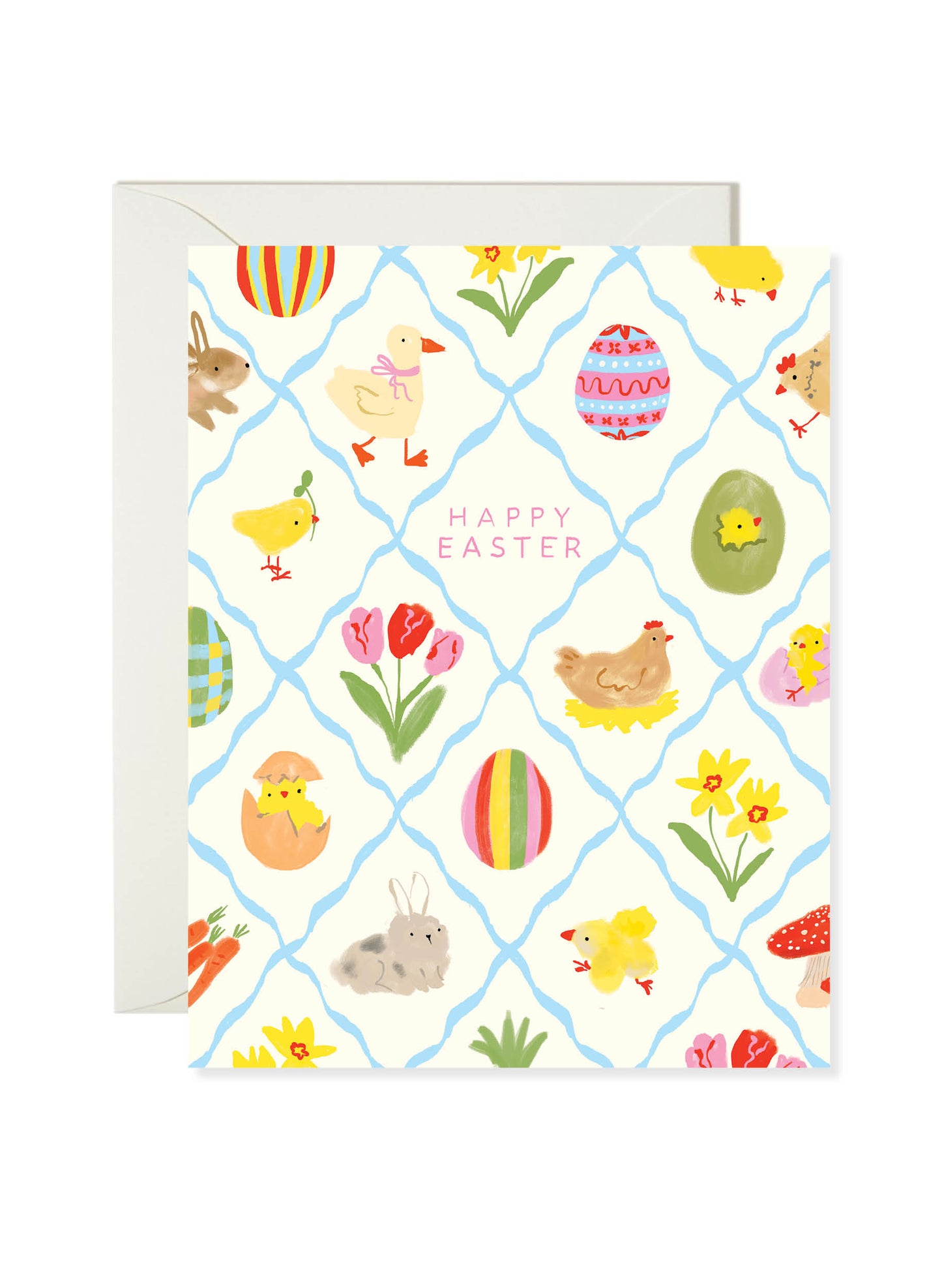 Easter Lattice Card by Karen Schipper featuring bunnies, chicks, decorated eggs, flowers, and pastel Easter motifs on a lattice pattern background.