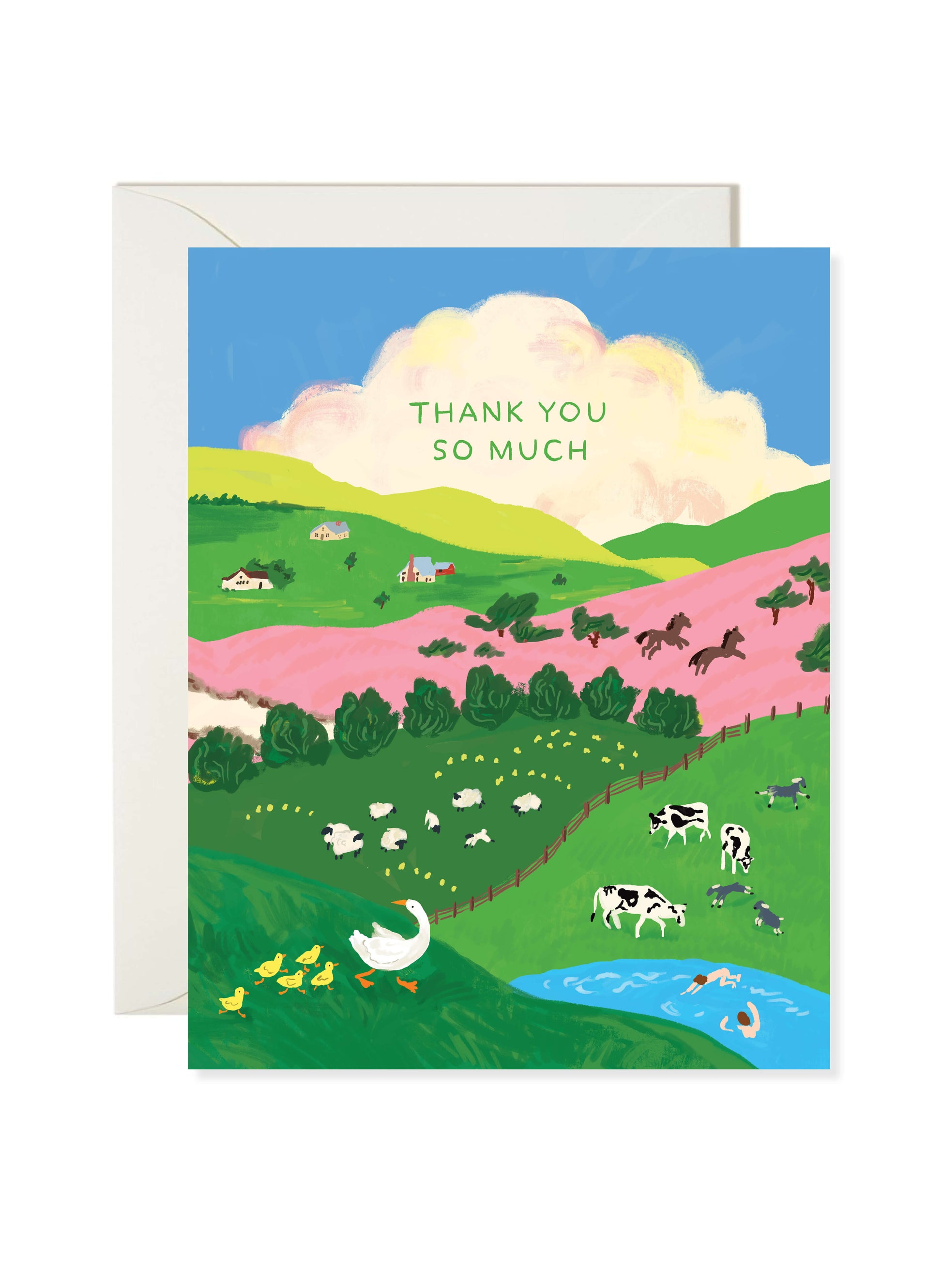 Farmland Thank You Card by Karen Schipper featuring a scenic landscape with green hills, pink fields, cows and sheep, a pond, and the text “Thank you so much”.