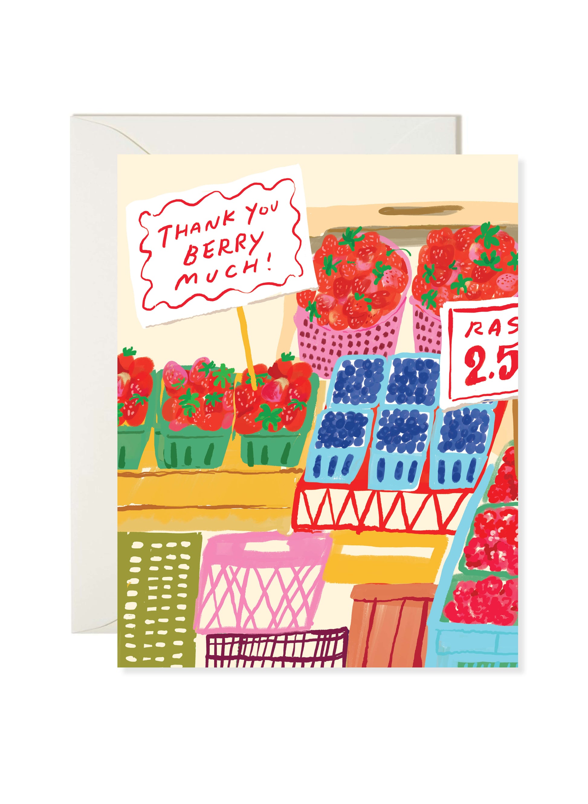 Berry Market Thanks Card by Karen Schipper featuring a colorful farmers market berry stand with strawberries and blueberries and the text “Thank you berry much!”.