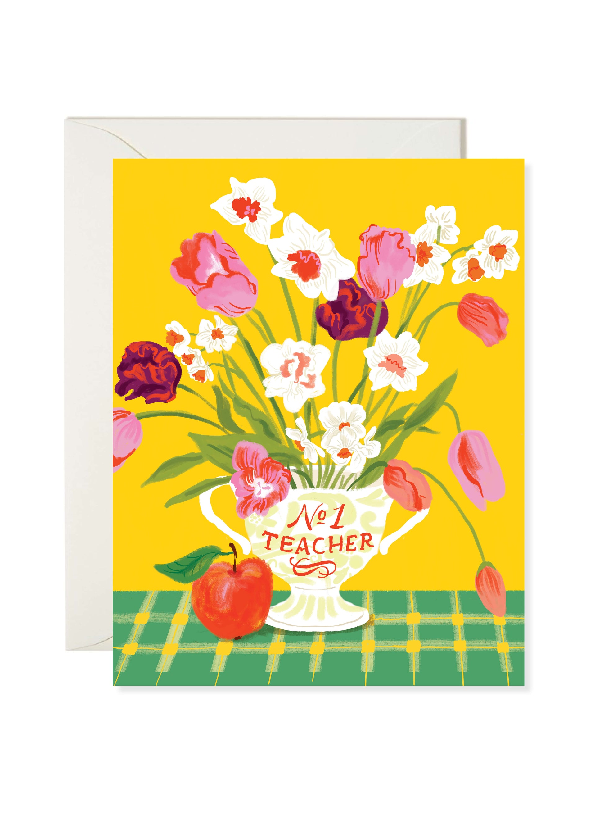 No.1 Teacher Card by Karen Schipper featuring a floral bouquet in a trophy-style vase labeled “No.1 Teacher,” with a red apple on a green table against a bright yellow background.