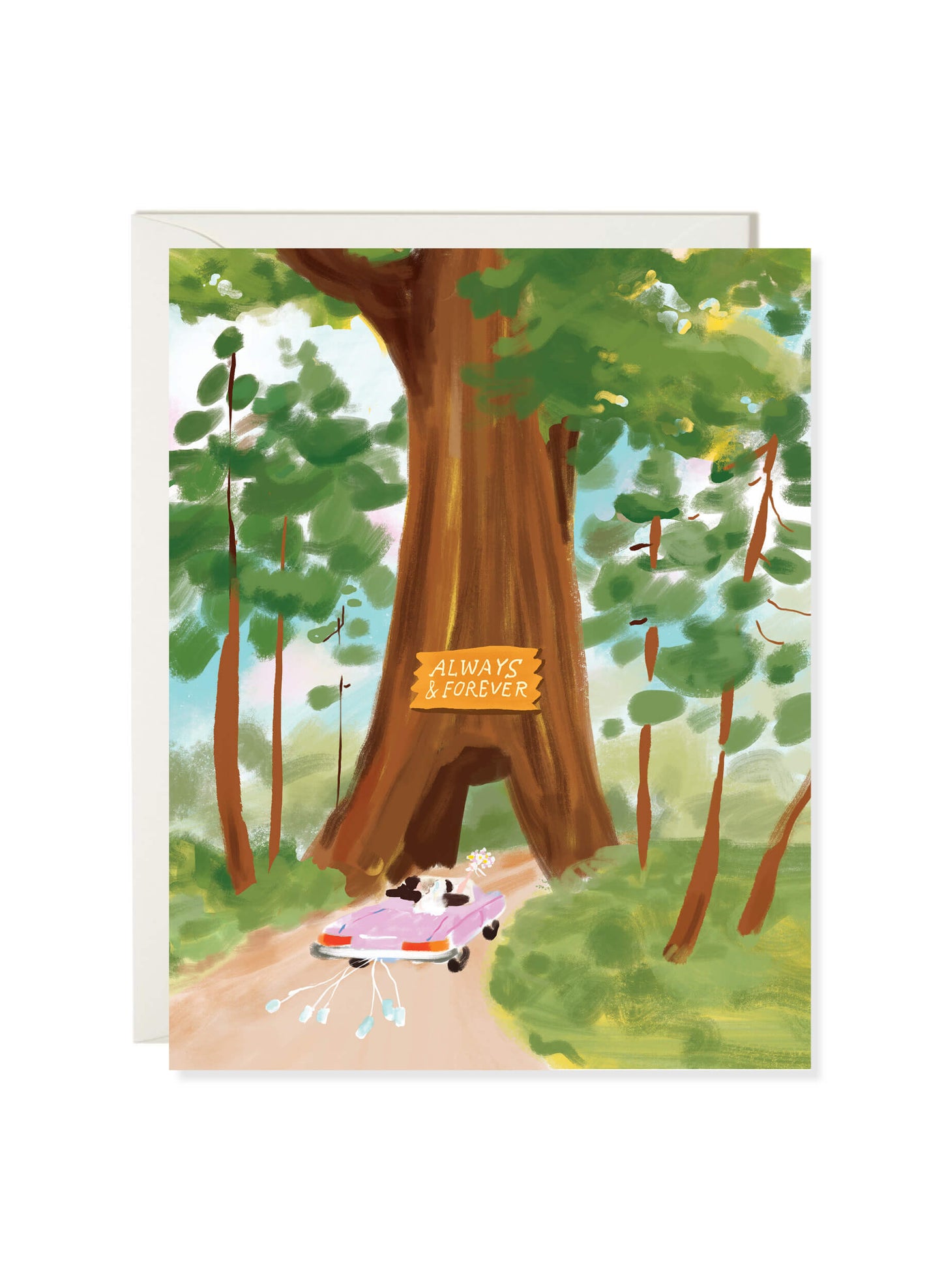 Sequoia Wedding card by Karen Schipper featuring a pink getaway car driving through a giant forest tree with an Always & Forever sign.