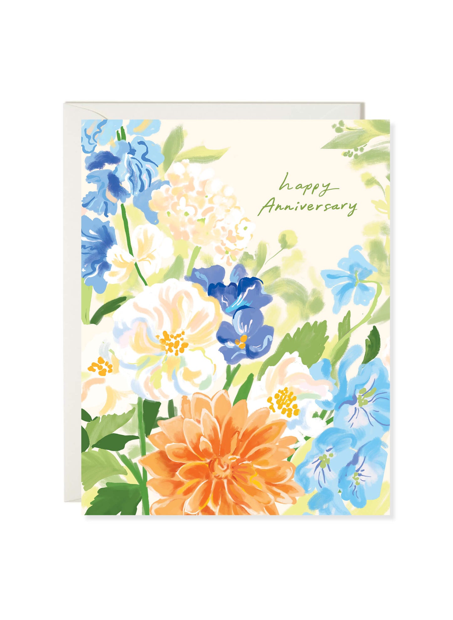 Floral anniversary greeting card by Karen Schipper with soft blue blossoms, peach petals, greenery, and romantic botanical artwork.